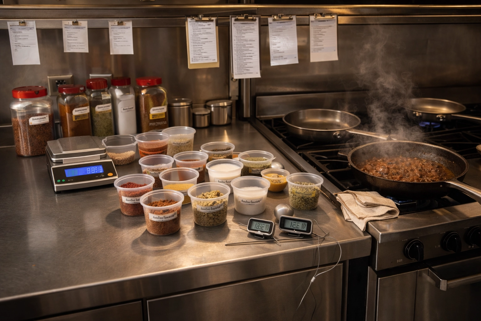 Spices, scales, and recipe notes set up on a stainless steel counter in a professional test kitchen