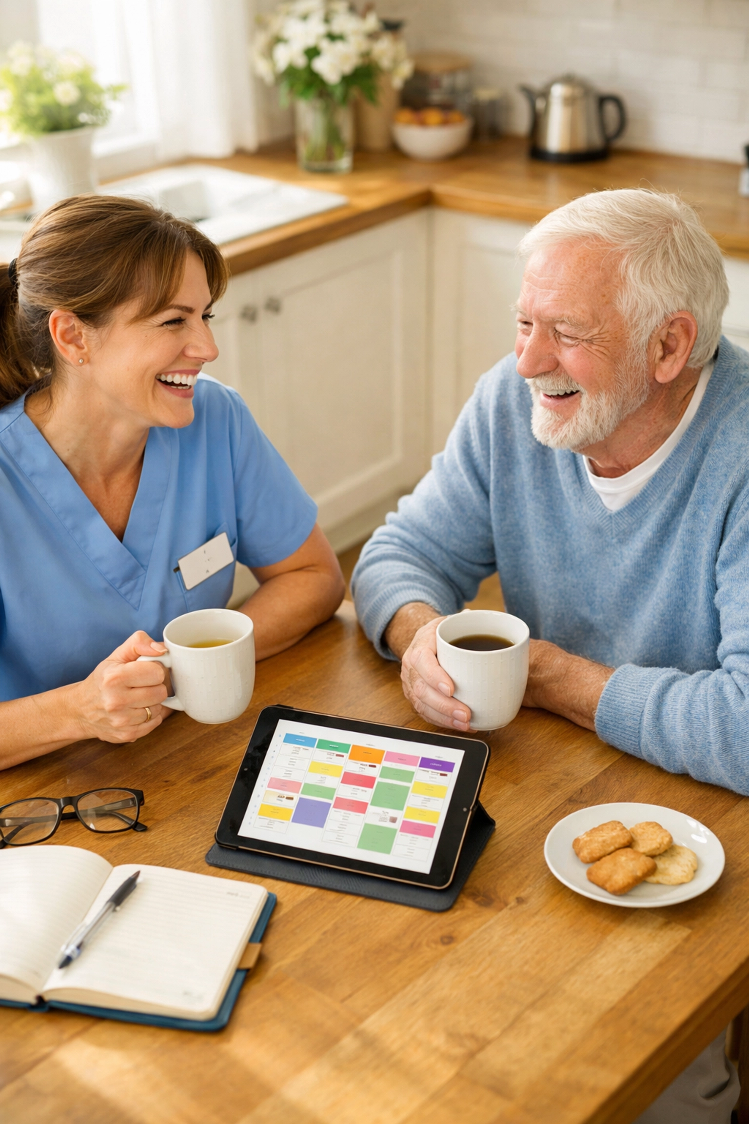 Professional carer and senior man sharing a transparent personal care planning session in Southampton.