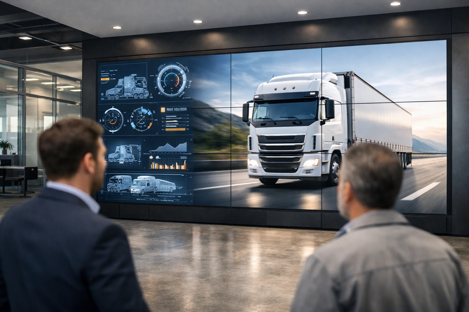 Modern commercial vehicle showroom featuring high-definition digital signage with real-time transportation data.