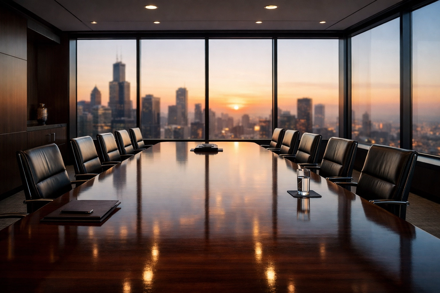 Clean Chicago corporate office interior with a polished mahogany conference table at sunrise.