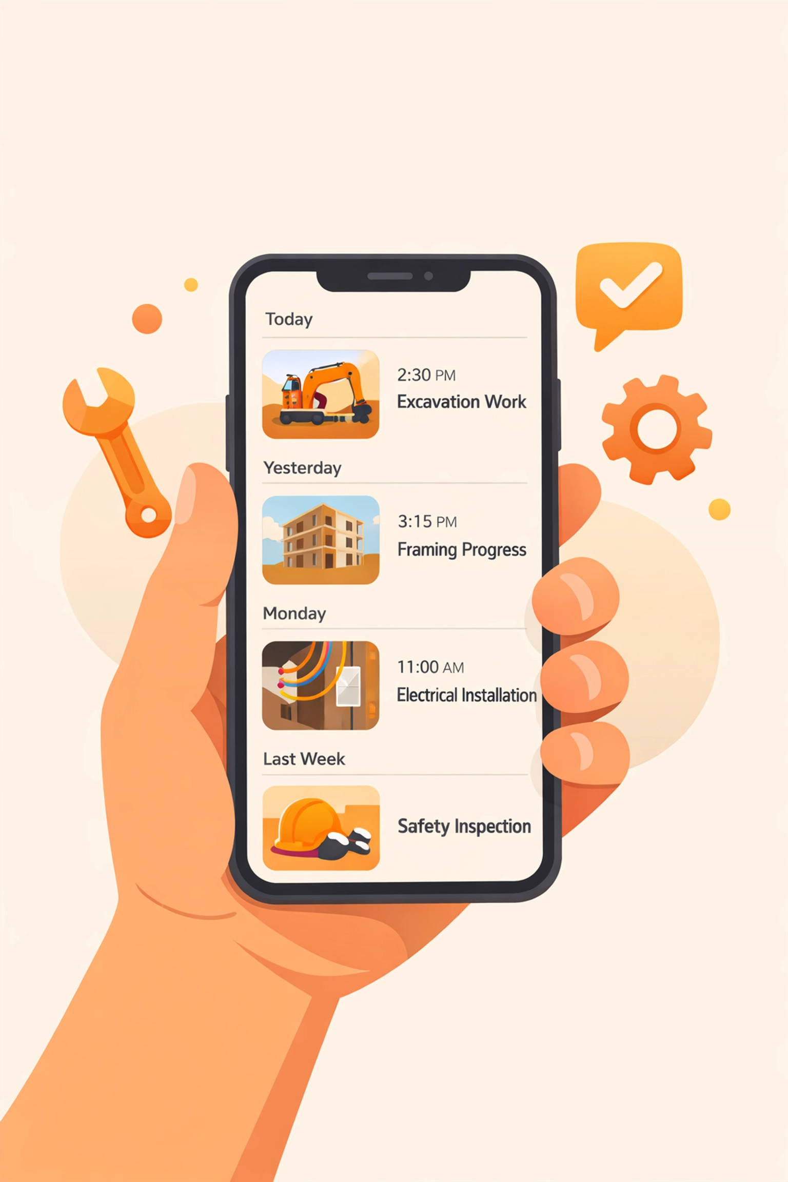 Mobile-first contractor photo app showing a professional job site timeline on a smartphone.