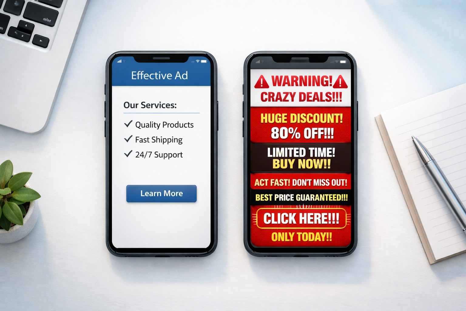 Comparison of compliant versus non-compliant healthcare ads showing approval differences