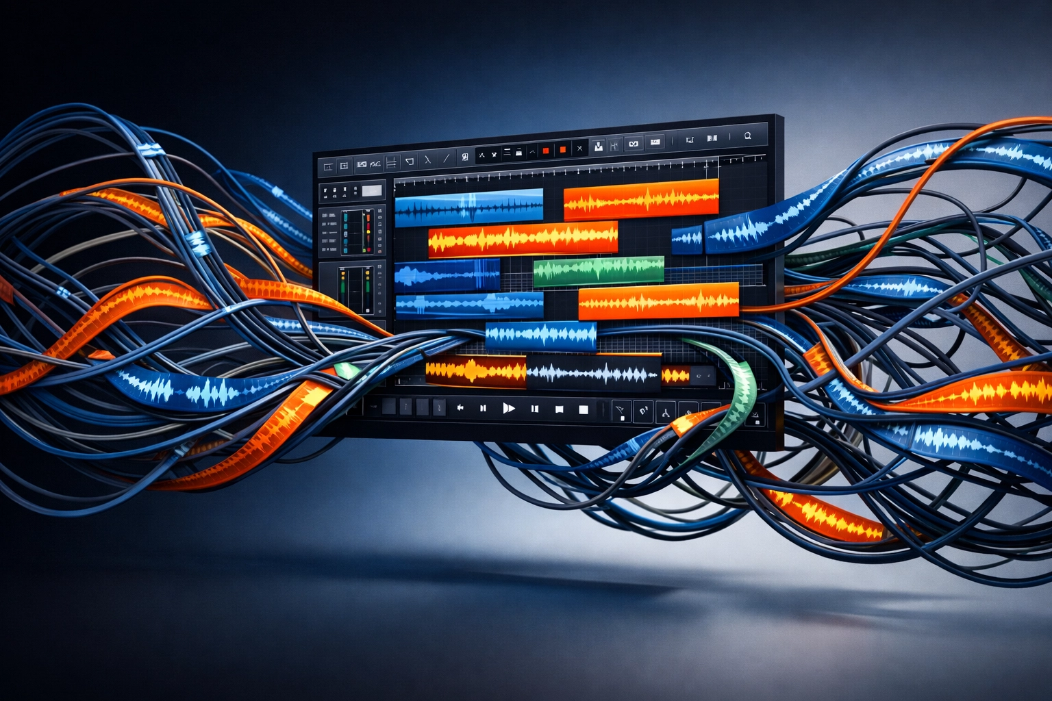 Disorganized audio tracks and waveforms in a DAW showing poor stem organization