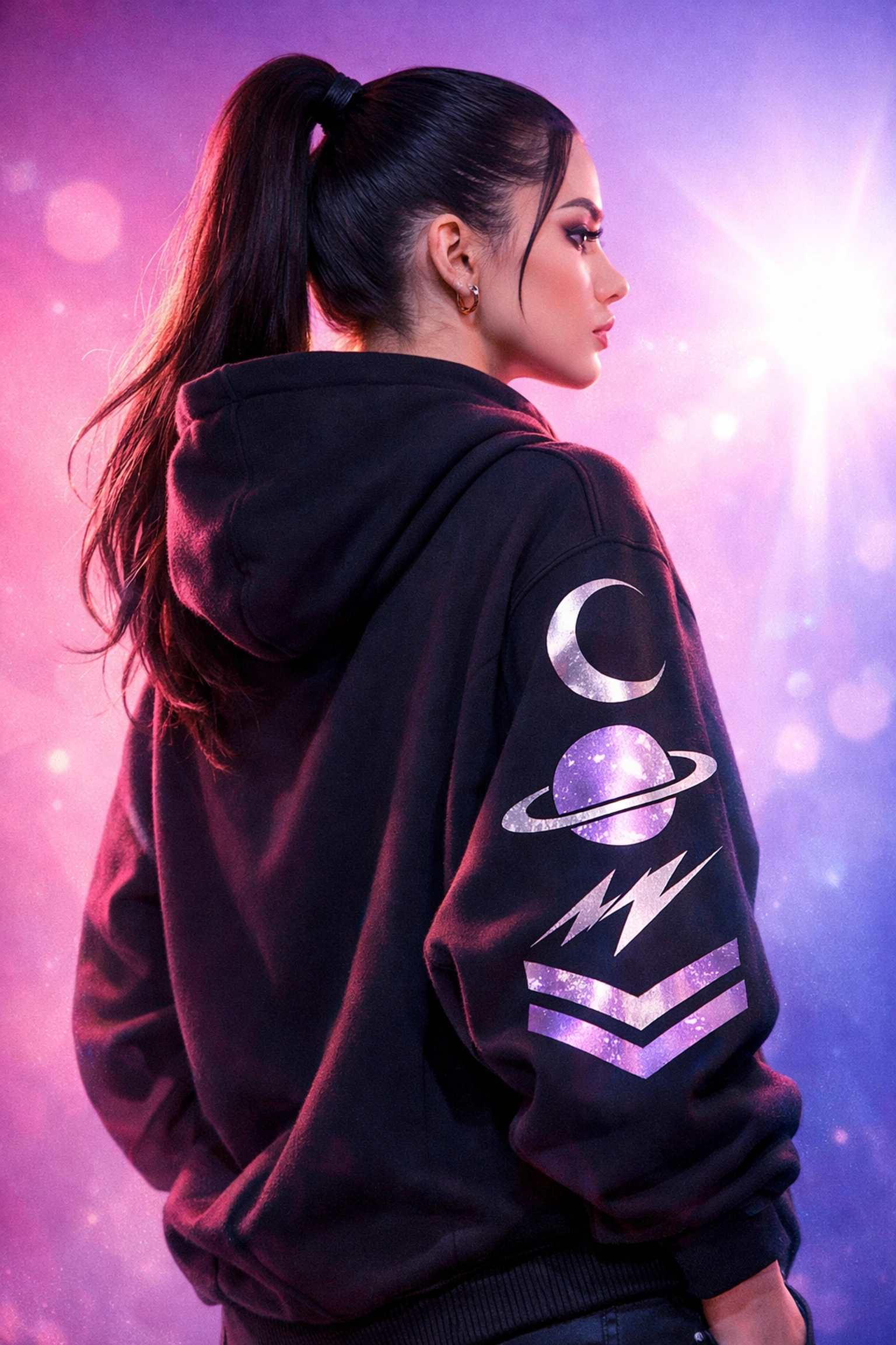 Trendy streetwear hoodie and high ponytail inspired by Ariana Grande's 2026 world tour fashion.