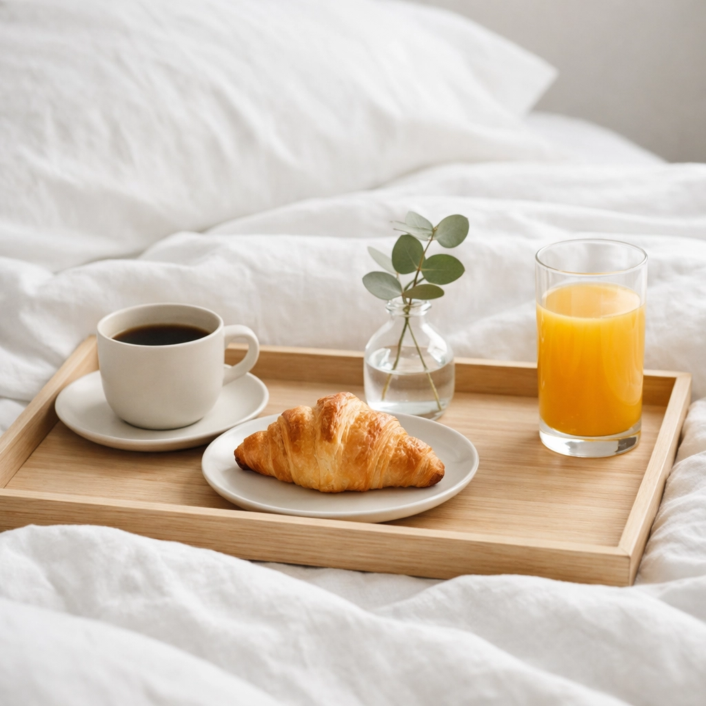 Elegant breakfast-in-bed tray on a white duvet illustrating hotel upsell opportunities and add-ons.