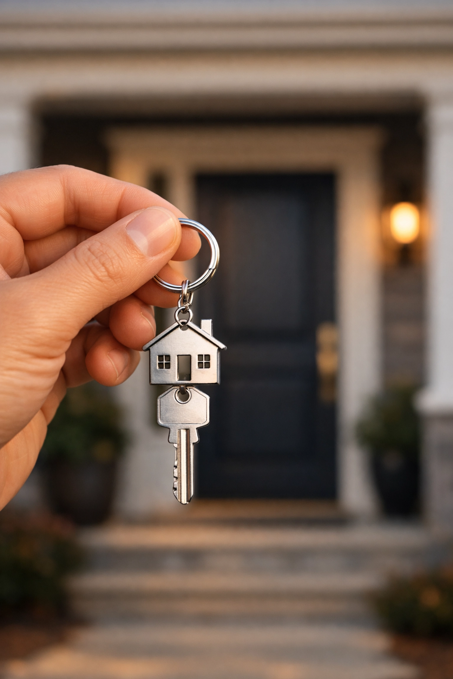 New homeowner holding keys in front of a suburban house in the North Carolina Triad.