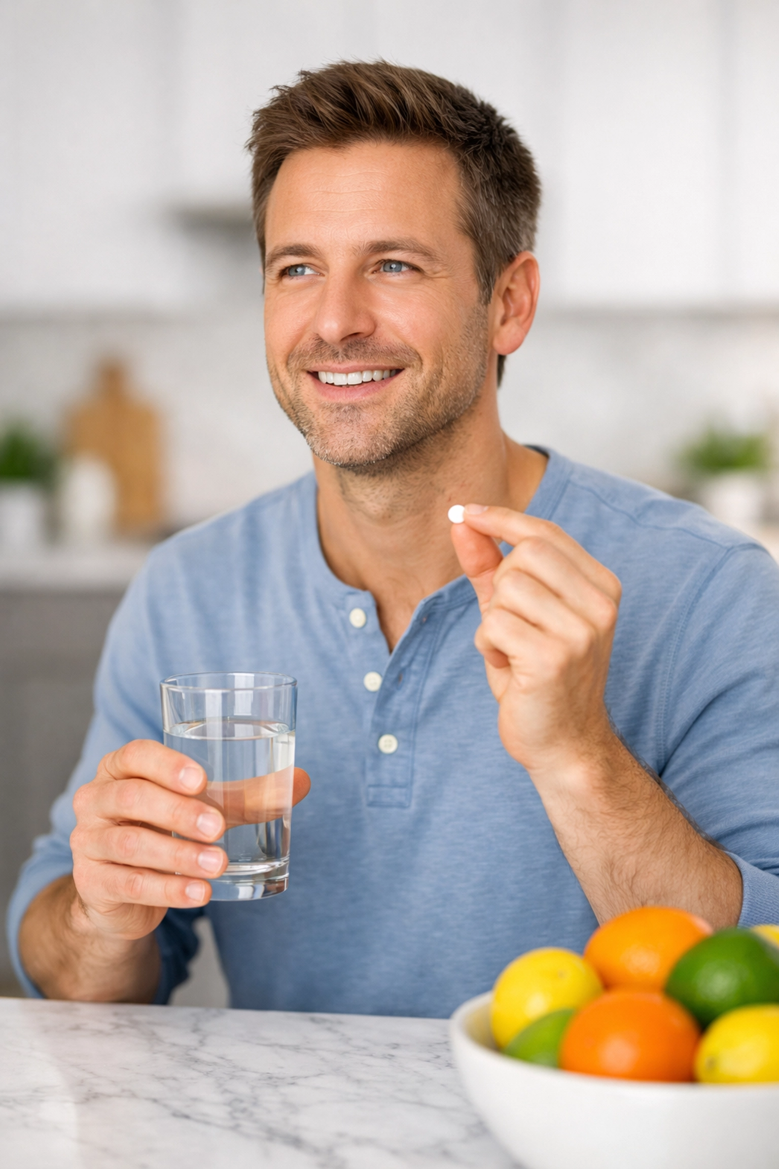 A man taking oral weight loss medication with a glass of water as part of a managed weight loss program.