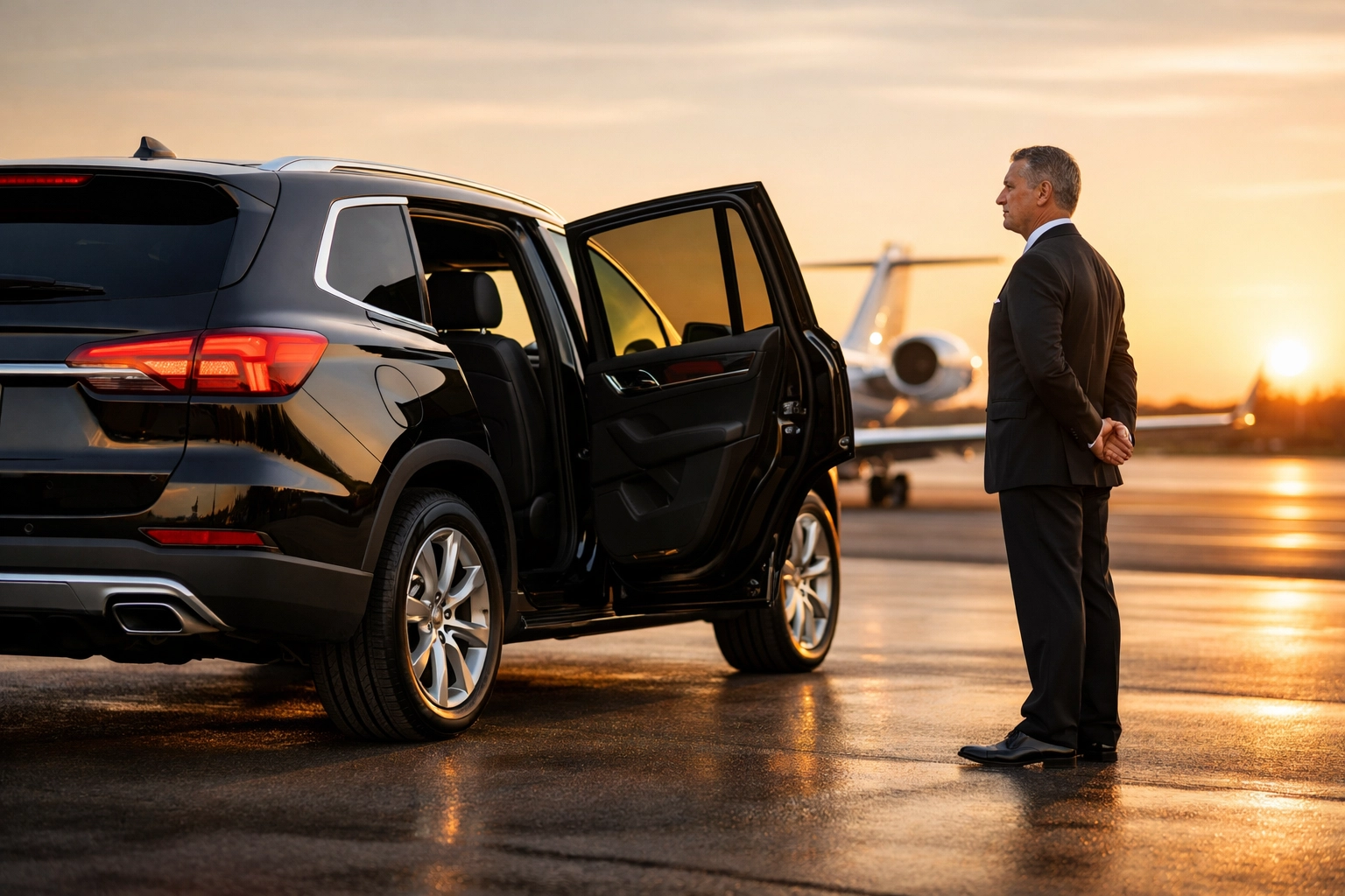 Luxury airport transportation with chauffeur and private jet for Super Bowl VIP clients