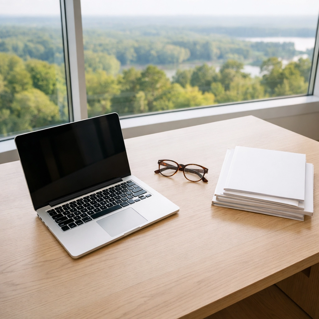 Modern Georgia tax service bureau office with a laptop and professional filing folders.