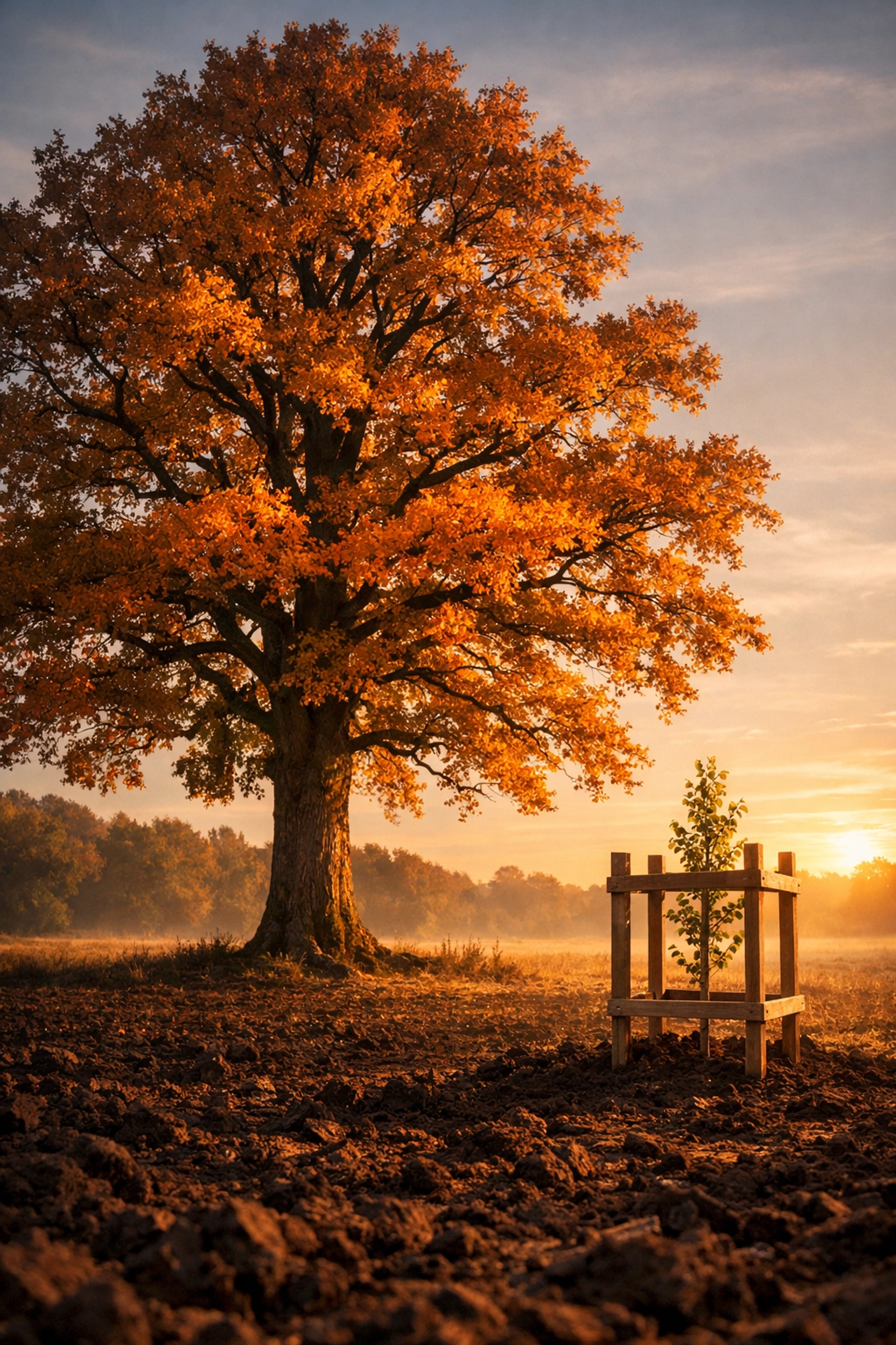 A large oak tree and protected sapling representing long-term retirement planning and family legacy.