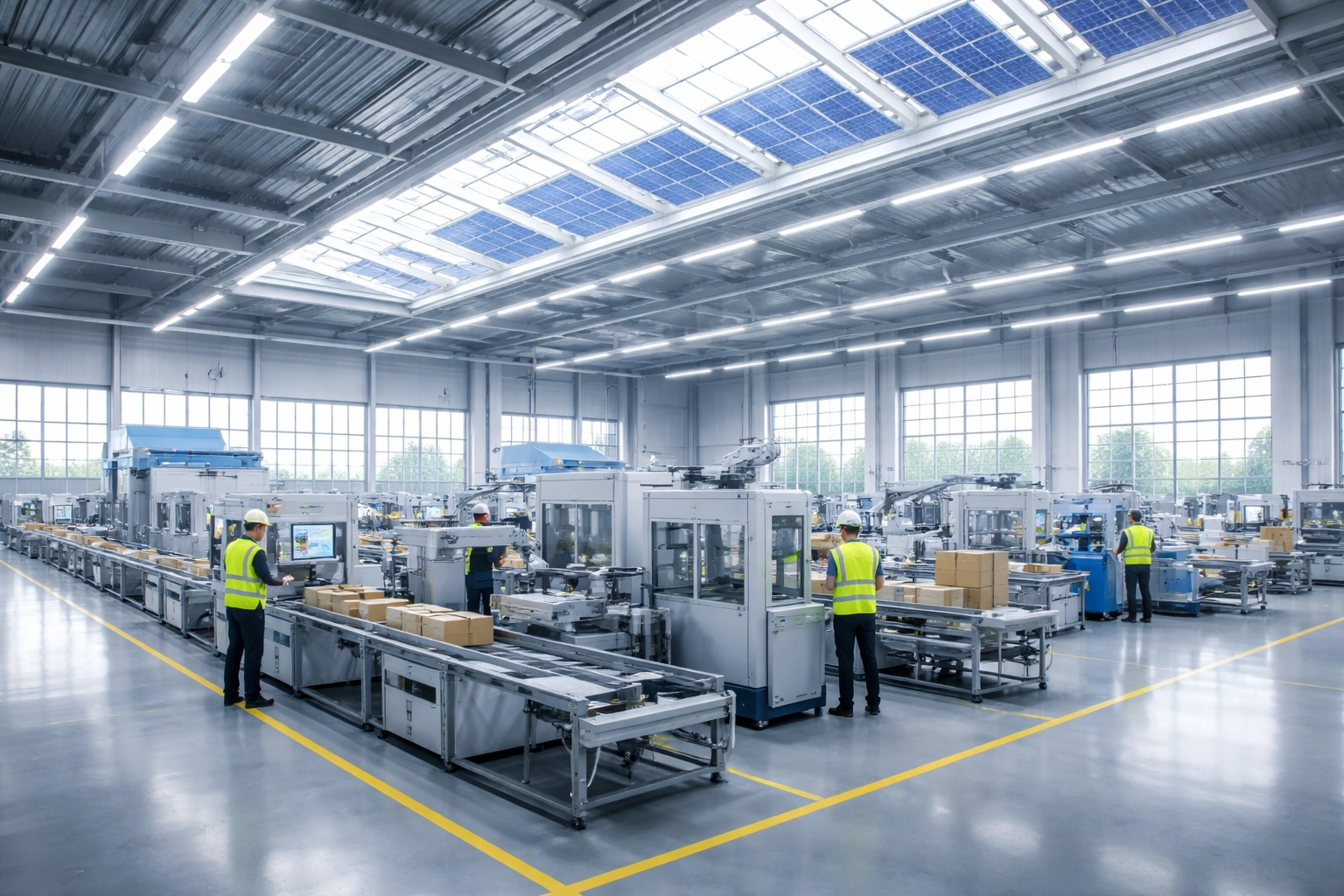 Warehouse with solar panels and efficient systems representing sustainable operations and green technology integration.