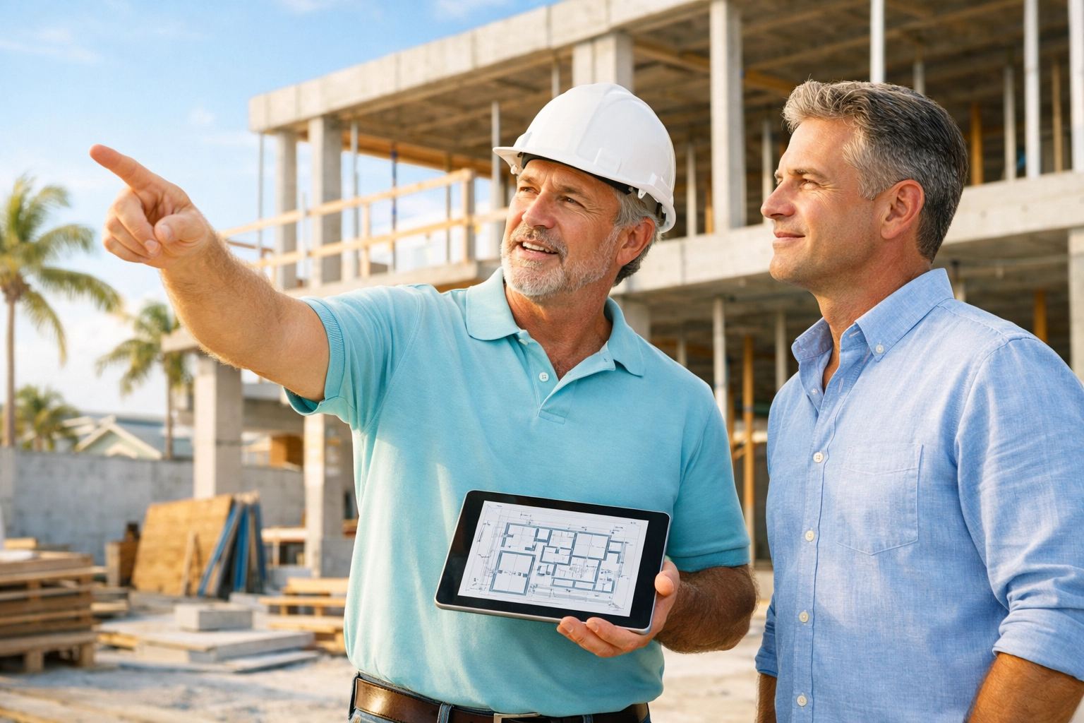 Professional general contractor in South Florida discussing project plans on a clean construction site.