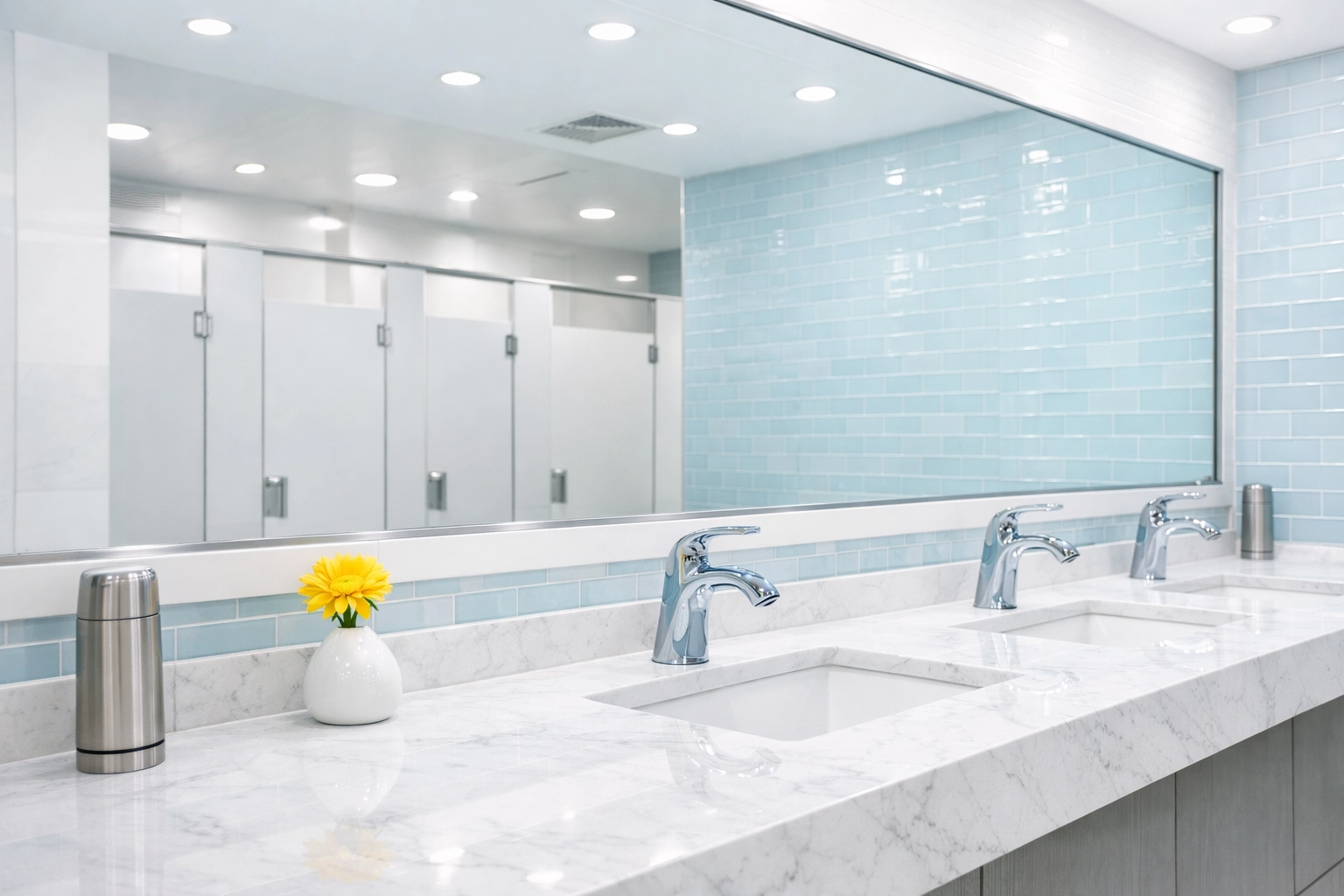 Sanitized luxury commercial restroom with polished marble and chrome in a Lynn funeral home.