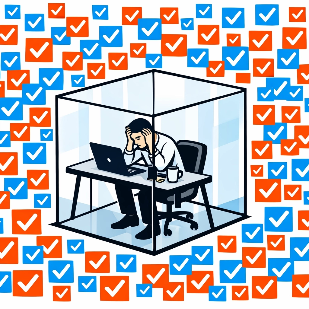 An employee feeling stuck and overwhelmed by repetitive checkboxes in a boring training module.