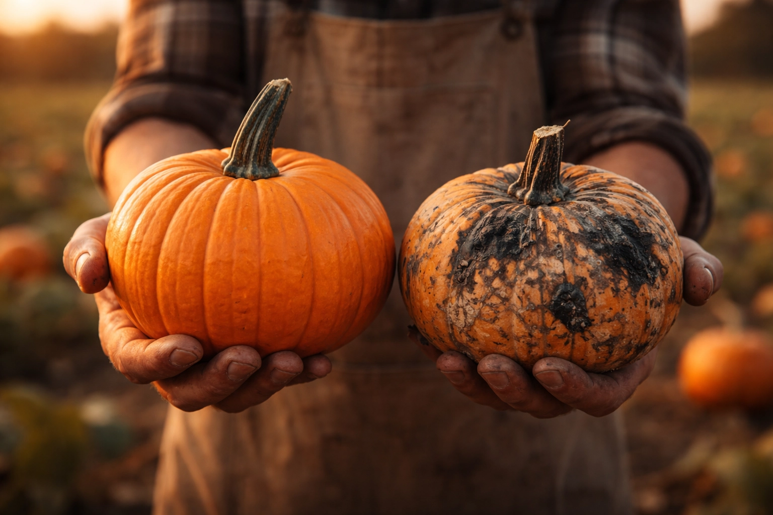 Farmer's hands holding a healthy pumpkin and a rotten one, illustrating profitable vs. unprofitable MSP clients.