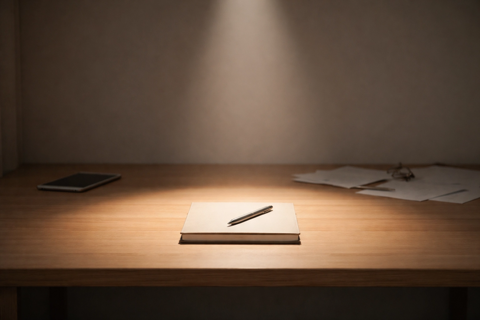 Notebook and pen spotlighted on a desk, symbolizing intentional focus and strategic marketing decisions.