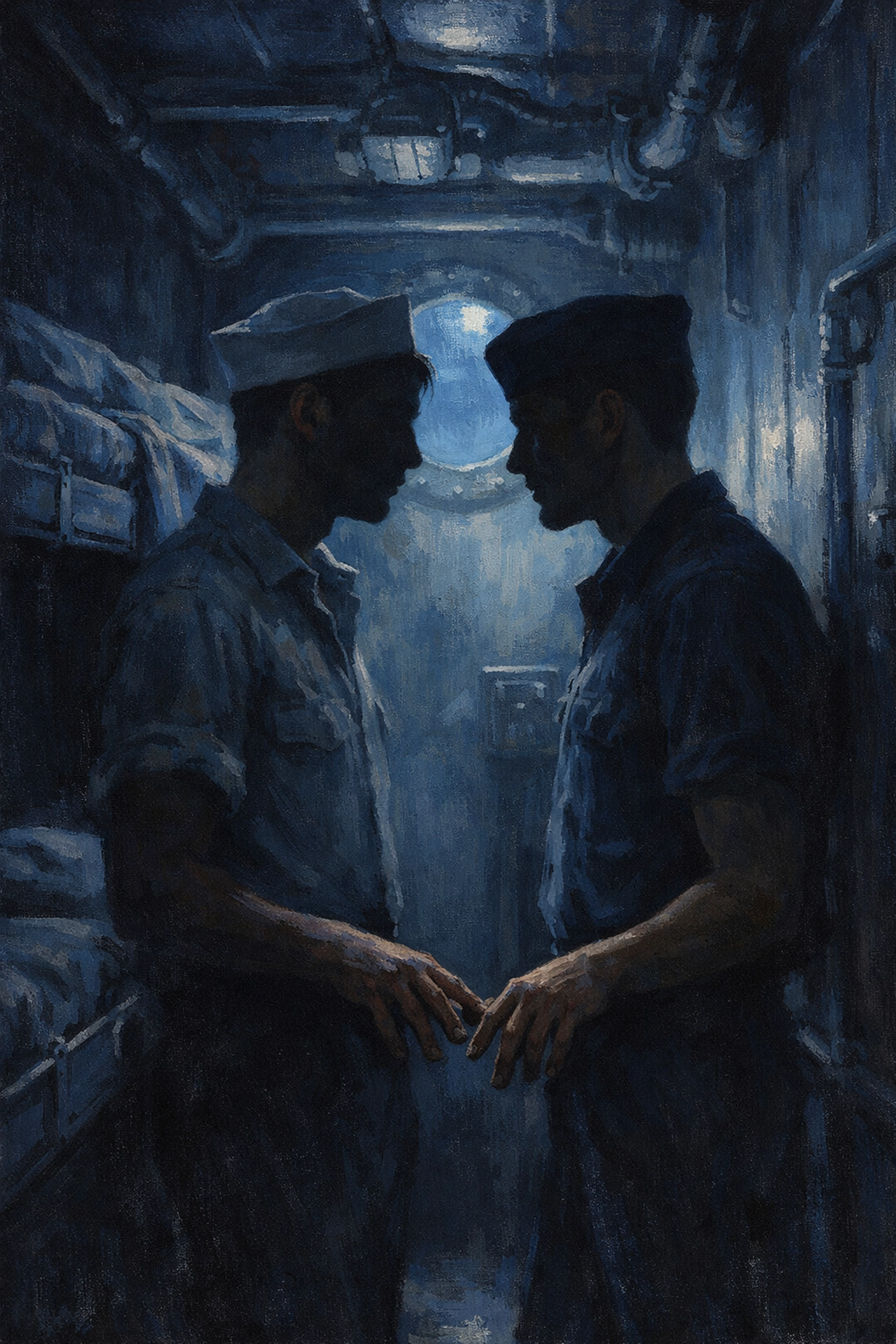 Gay sailors in battleship corridor experiencing forbidden intimacy during WWII
