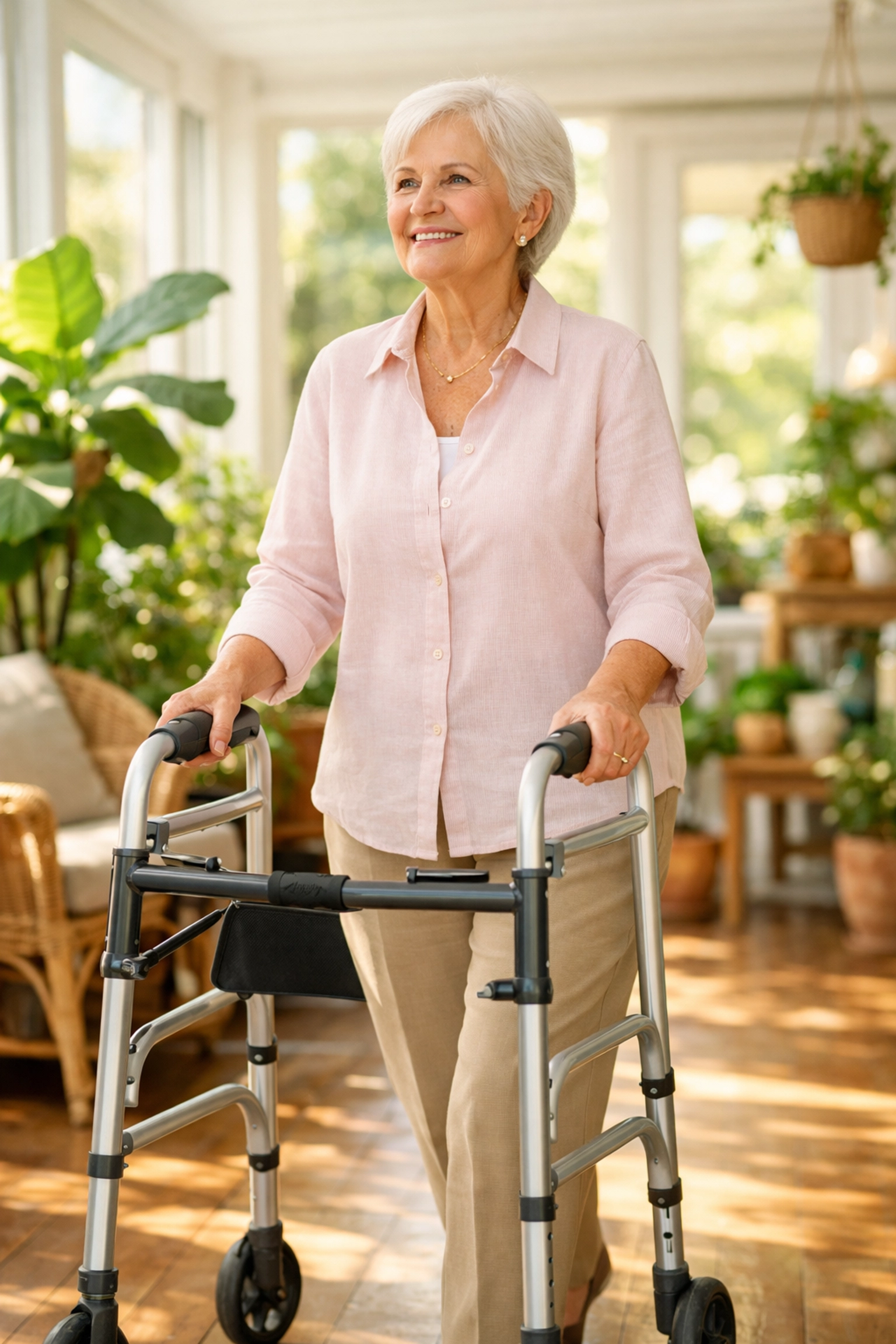 Older woman using a correctly fitted walker for mobility and independence in a sunlit home.
