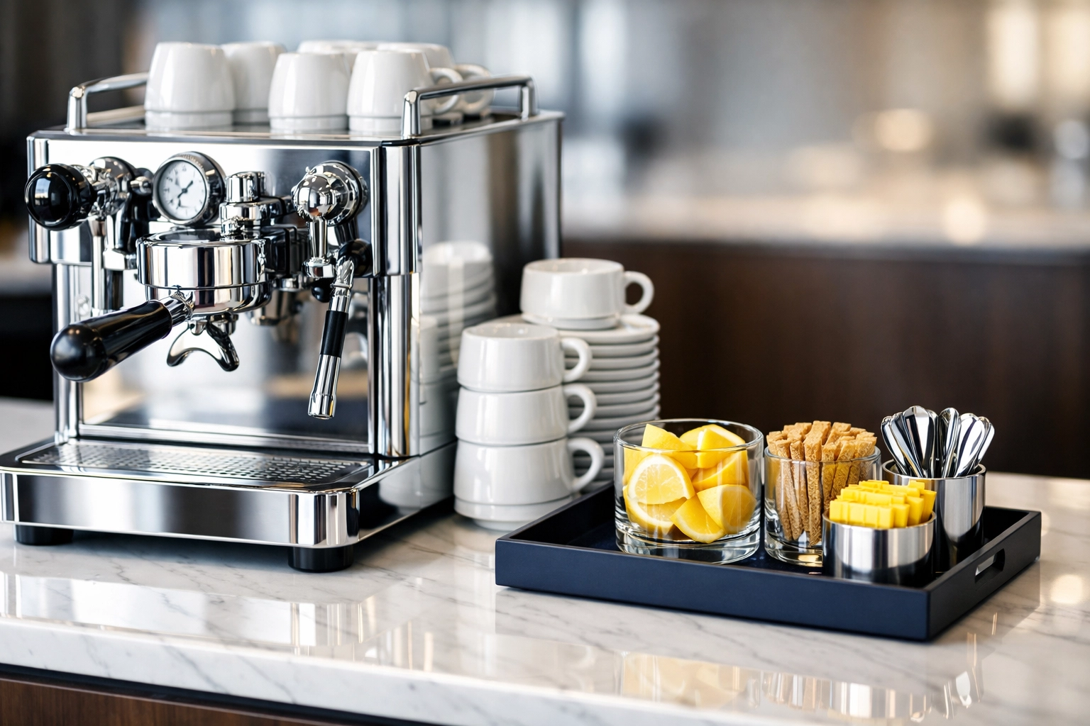 Sanitized office coffee station with spotless marble and chrome surfaces, showcasing meticulous cleaning detail.