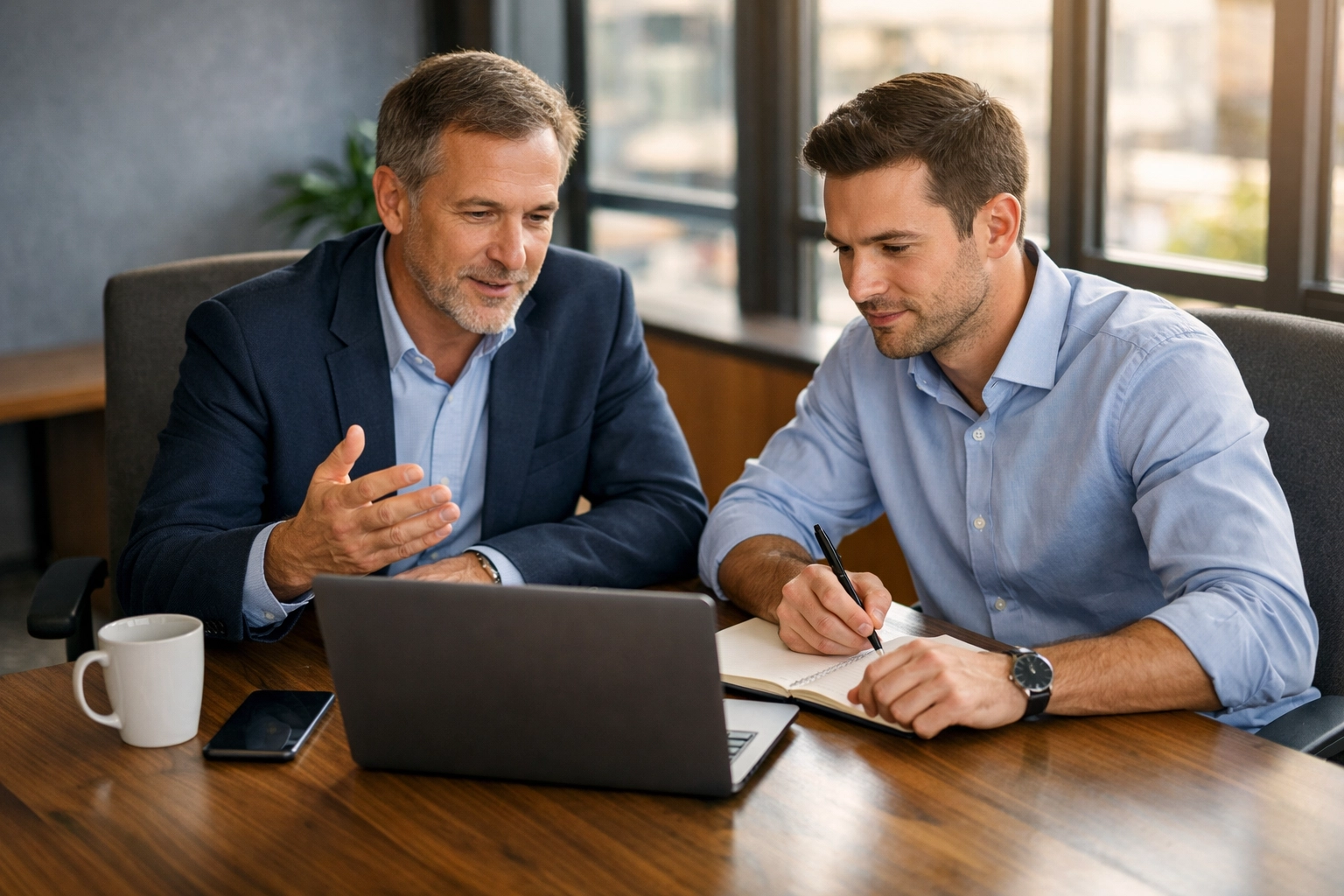 Sales coach providing one-on-one coaching to sales rep at conference table