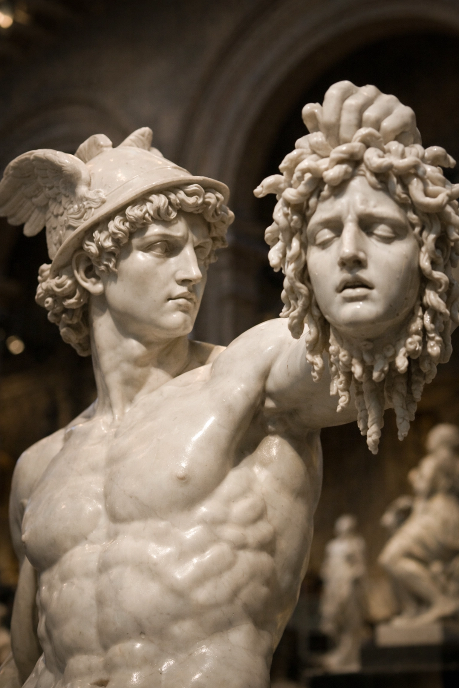 Perseus marble statue in the European Sculpture Court, one of the best photography locations for dramatic lighting.