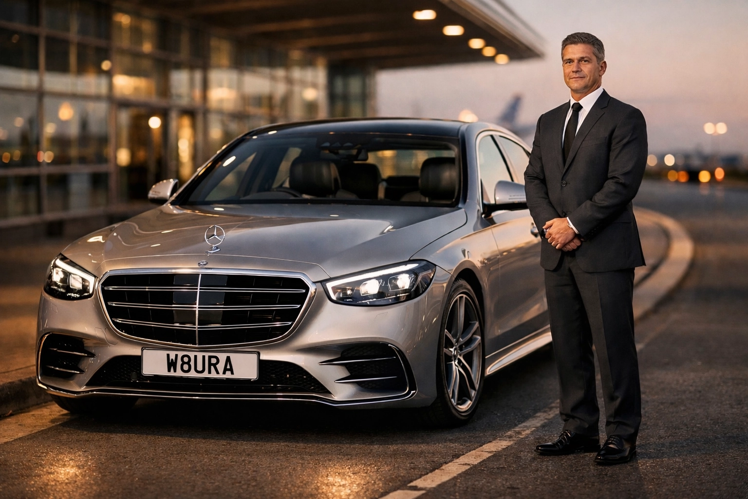 Professional chauffeur with a silver Mercedes-Benz S-Class providing premium airport transfers at dusk.