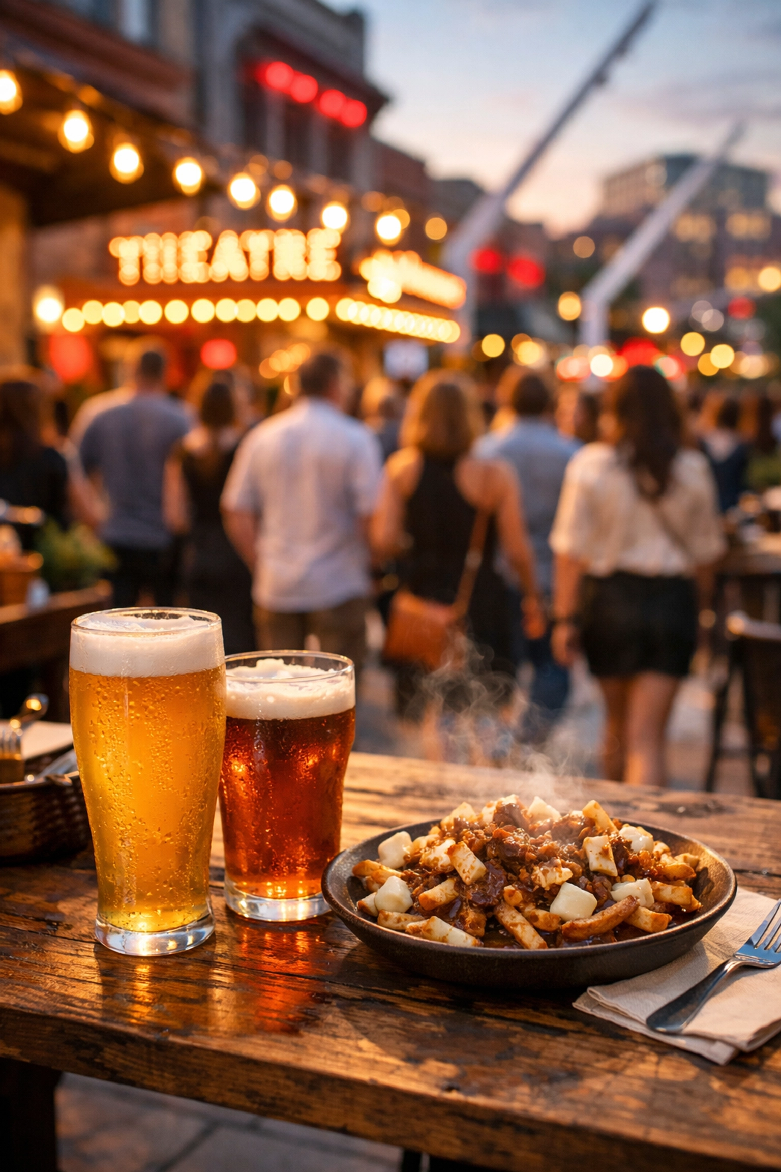 Outdoor dining with craft beer and poutine in Montreal's Quartier des Spectacles before a live performance.