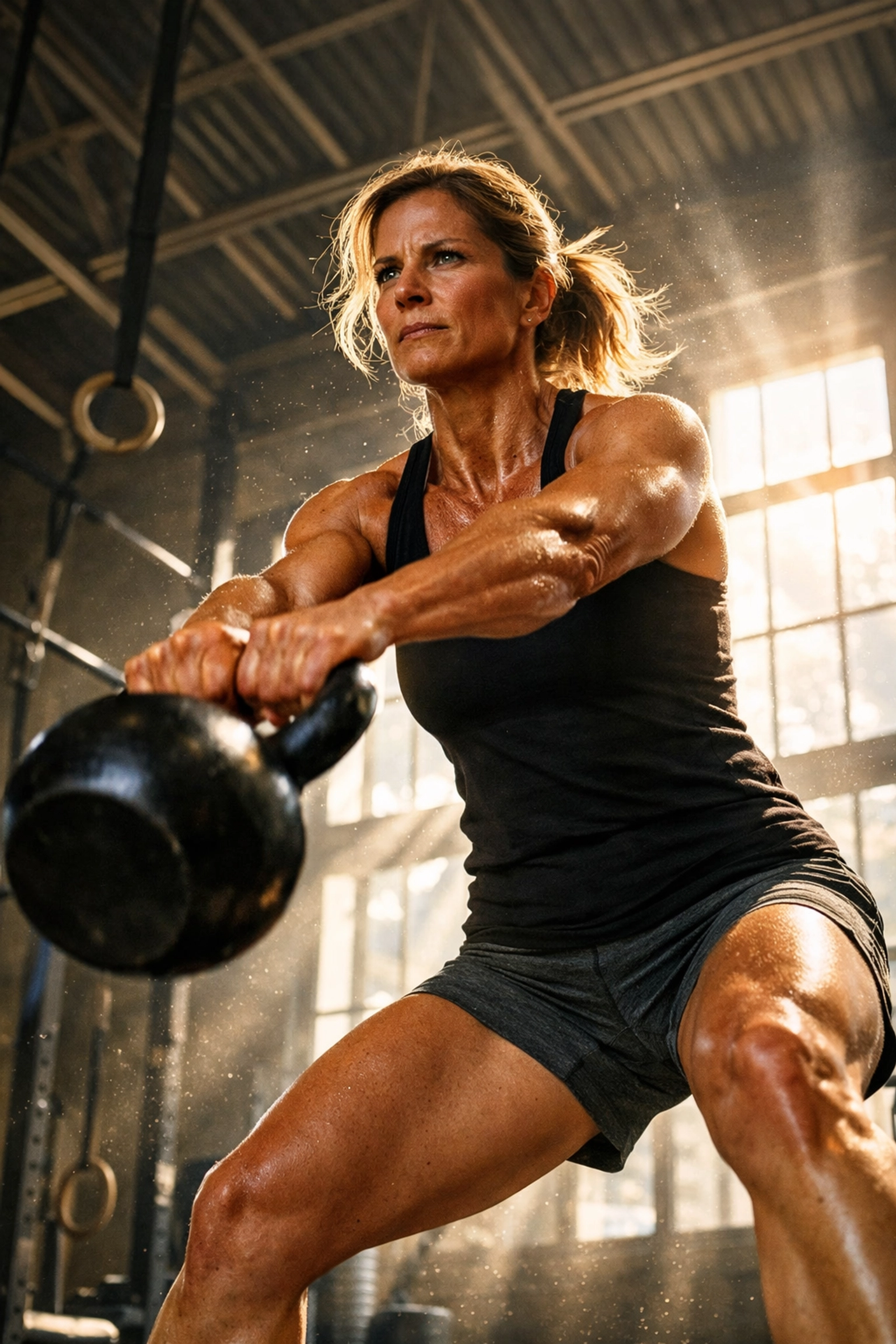 Active woman in her 40s performing kettlebell training for perimenopause health and muscle mass.