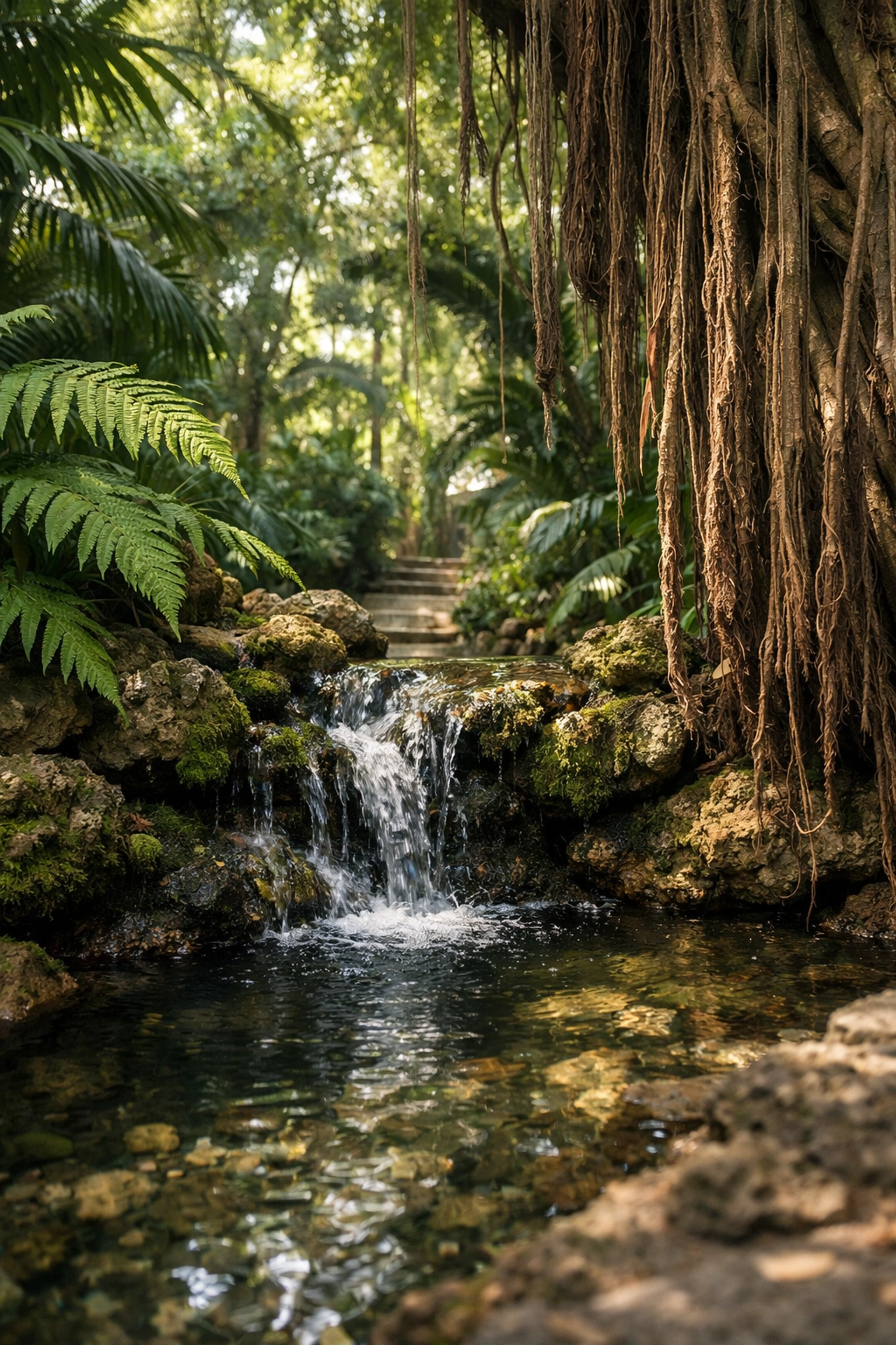 Scenic waterfall and lush jungle paths at Pinecrest Gardens, a top choice for fun things to do in Miami.