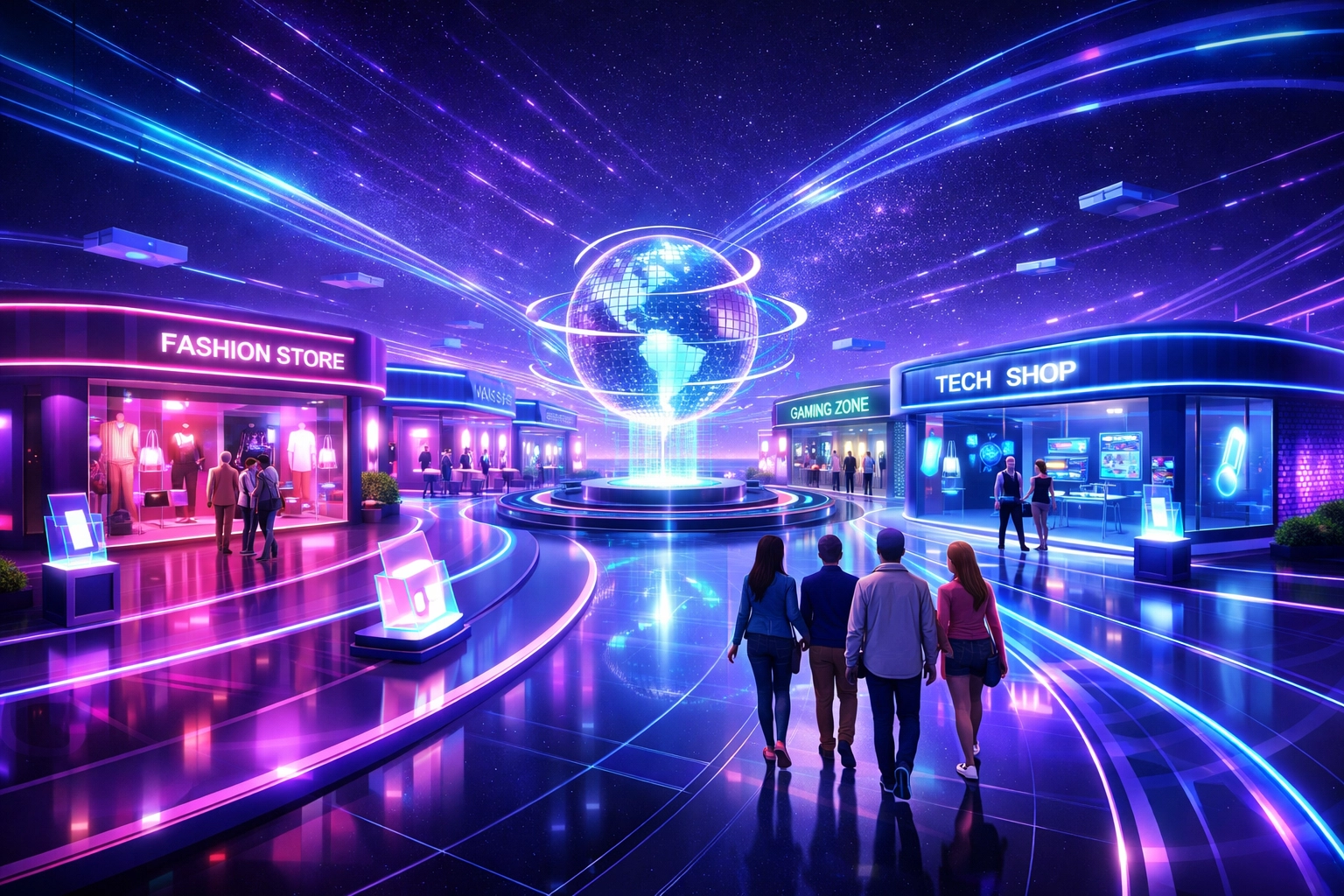 Larecoin B2B2C metaverse virtual shopping mall with avatars shopping together in digital storefront