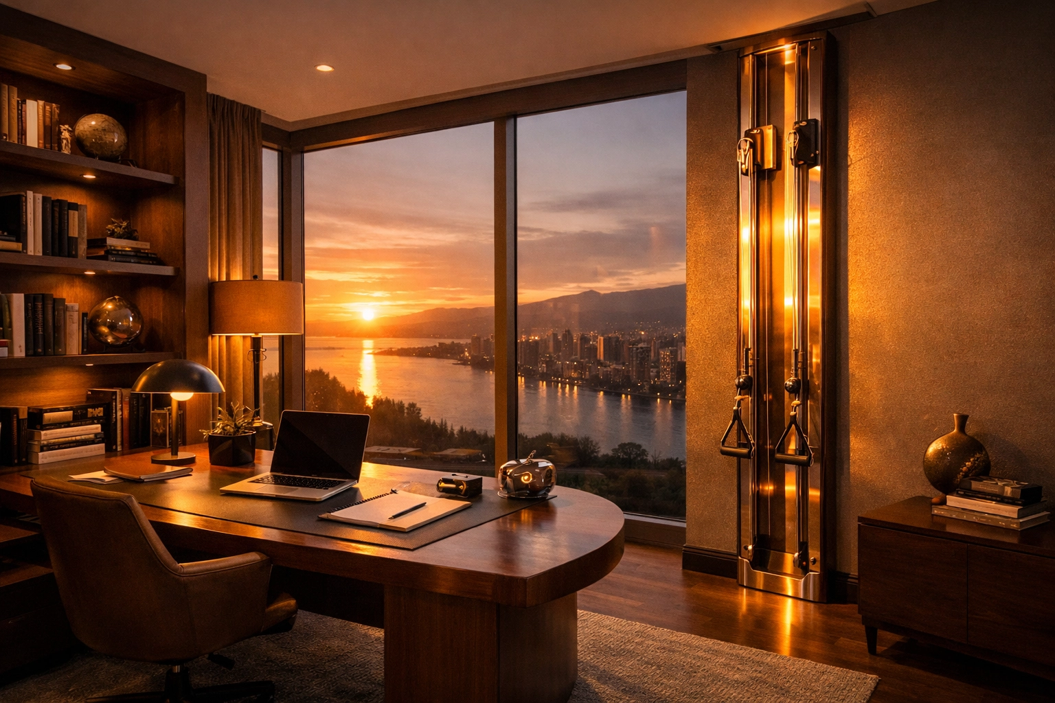 Modern home office with a floor to ceiling gym rail integrated into a professional-grade workspace.