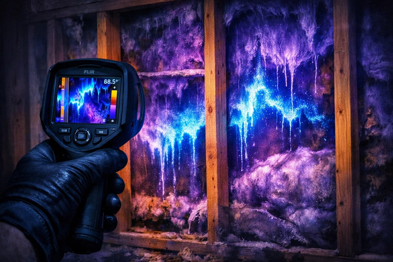 Thermal imaging camera revealing hidden water damage behind walls and insulation