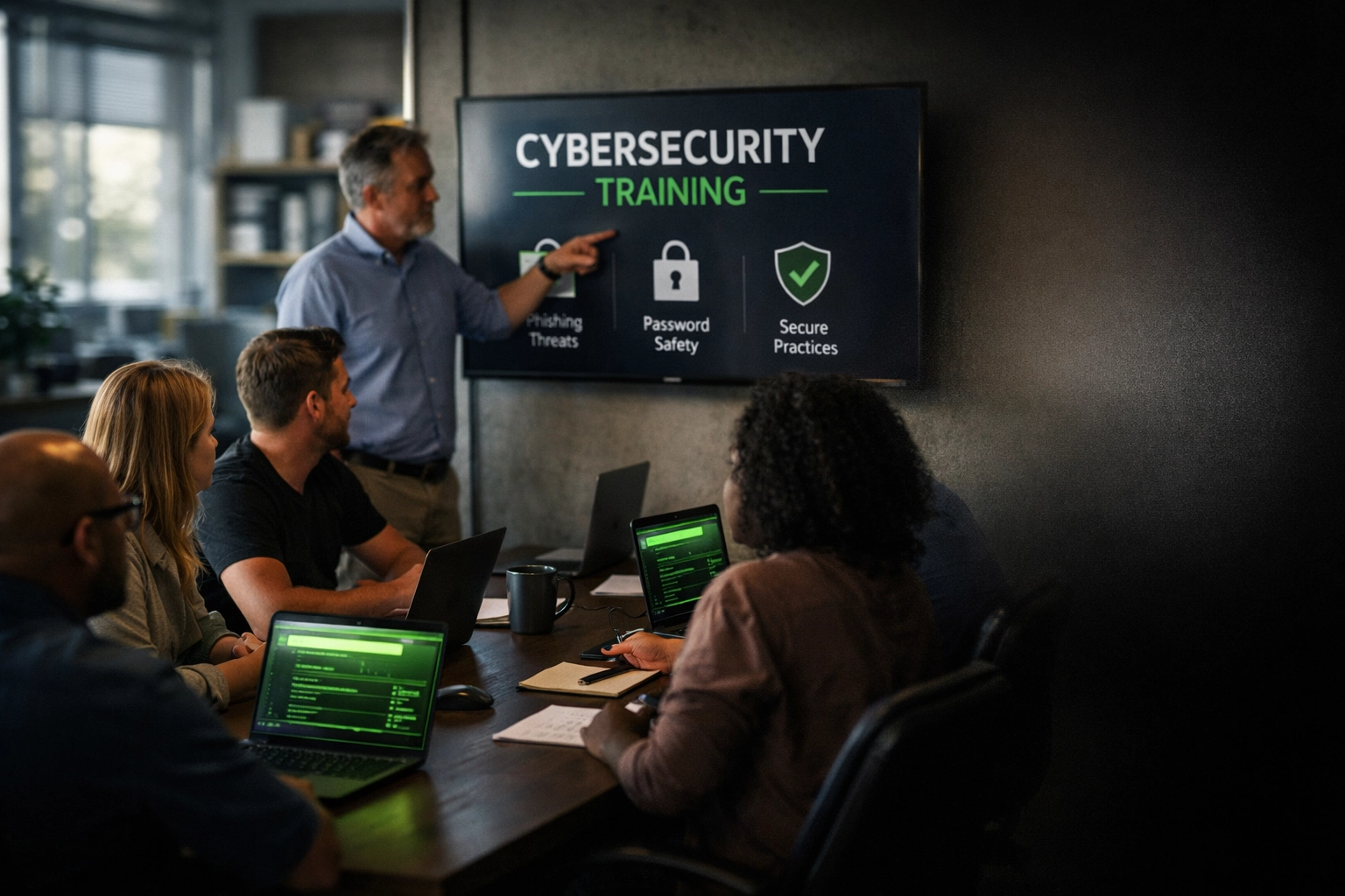 Employees at an Omaha business participating in security awareness training