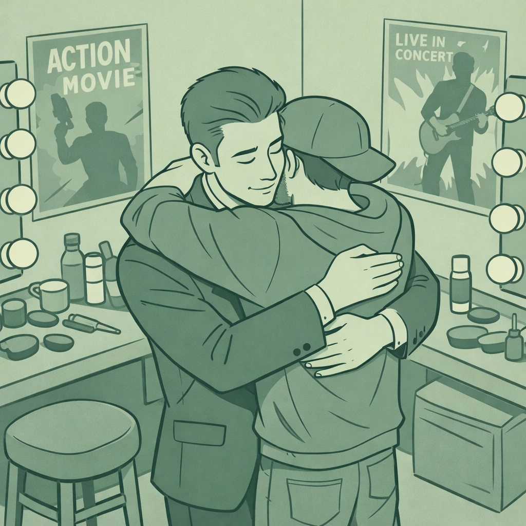 Gay celebrity couple embracing backstage in dressing room before awards show appearance