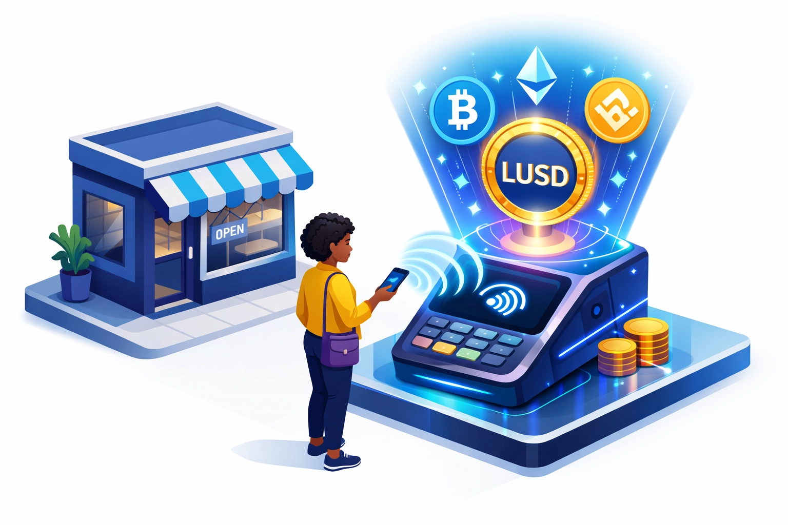 Small business customer making LUSD stablecoin payment at crypto POS terminal with contactless phone