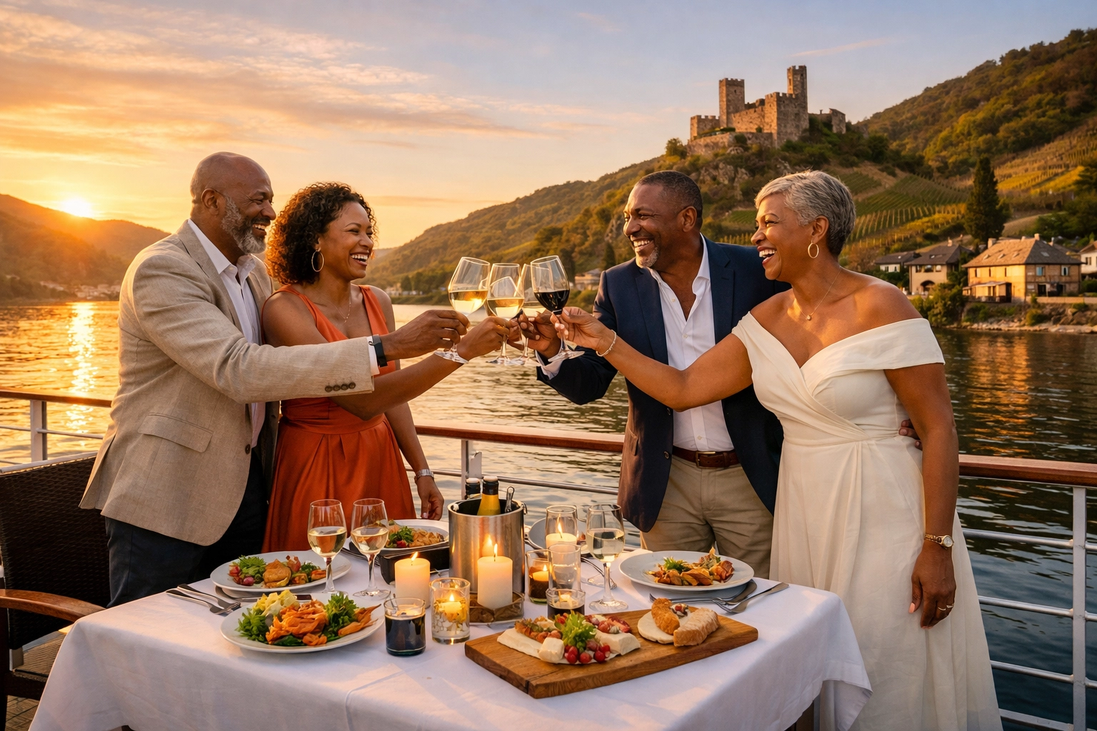Couples dining on a luxury river cruise, illustrating high-ticket bookings for a travel planning service.