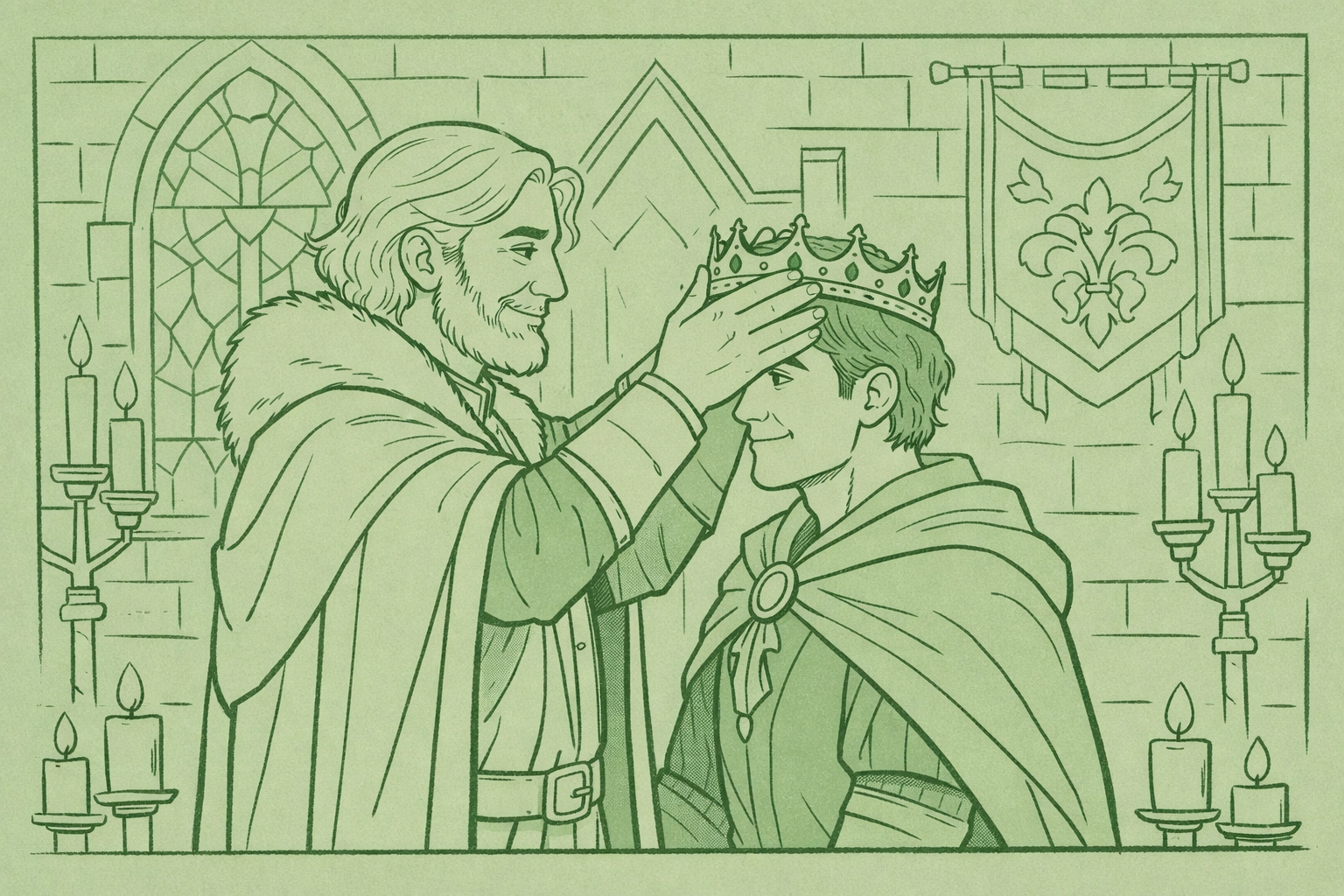Medieval king crowning his male lover as chosen successor in gay historical romance tradition