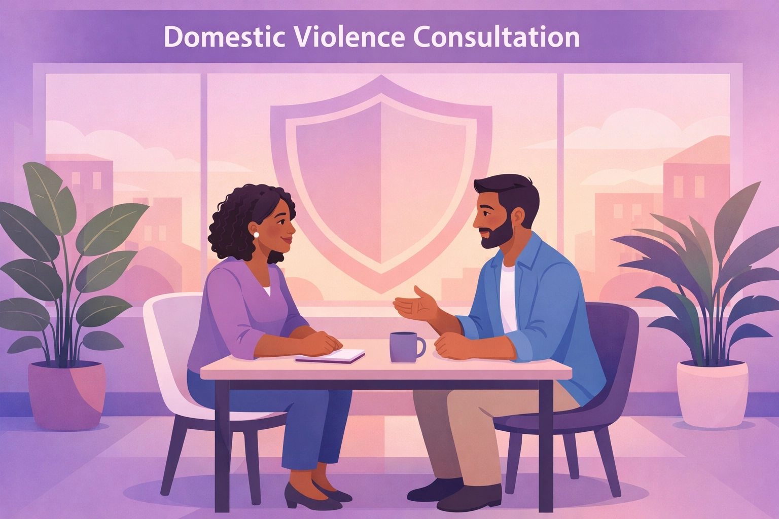 Inclusive office meeting representing a professional domestic violence consultation for small businesses.