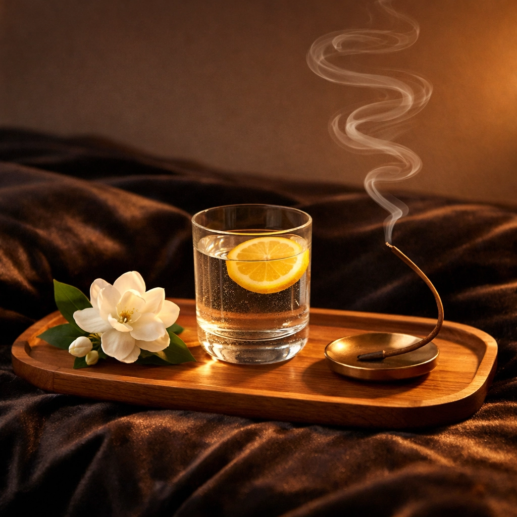 Evening intimacy ritual with jasmine and incense to ease performance anxiety for men.