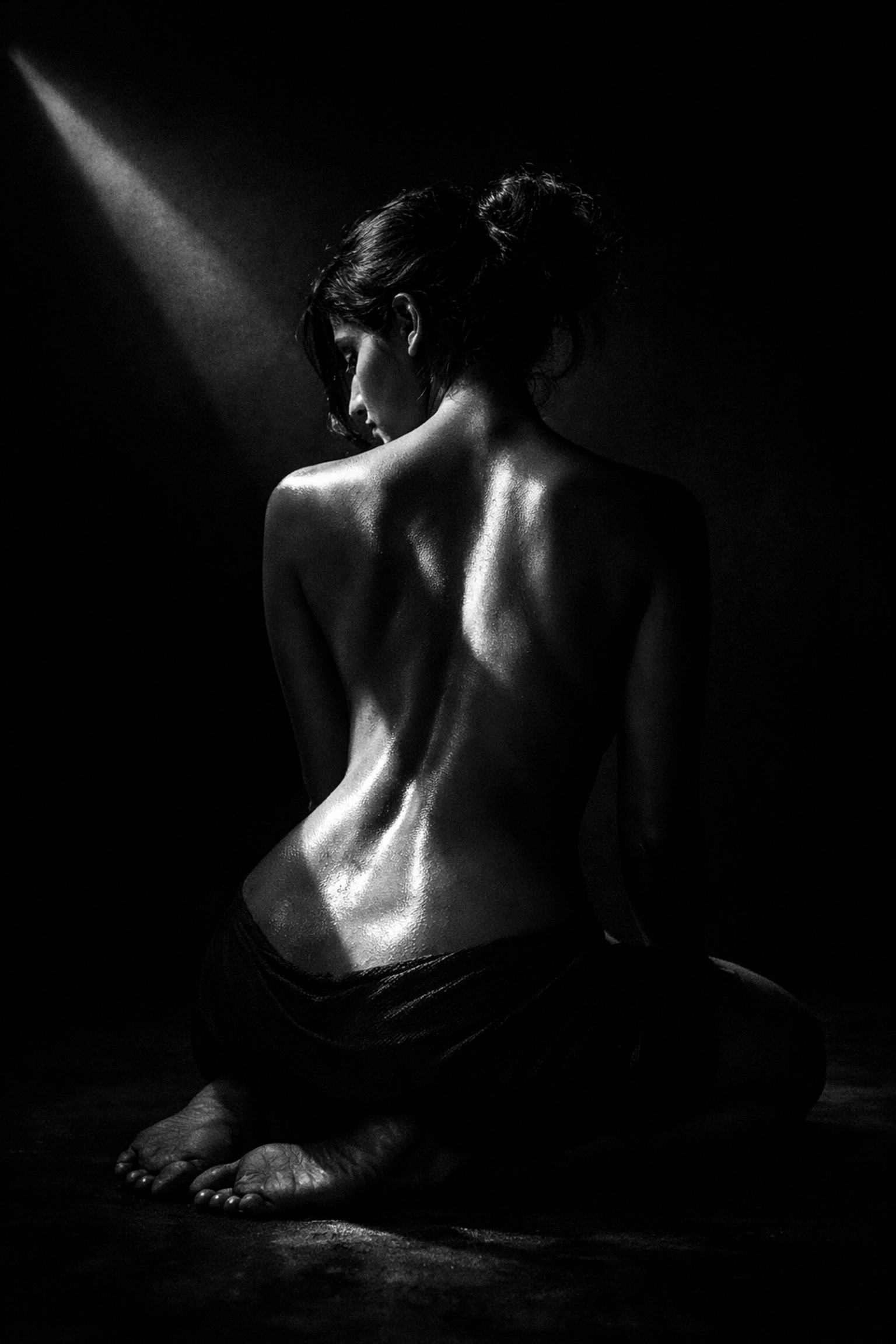 Black and white fine art nude photography of a woman showing deep contrast and chiaroscuro lighting.