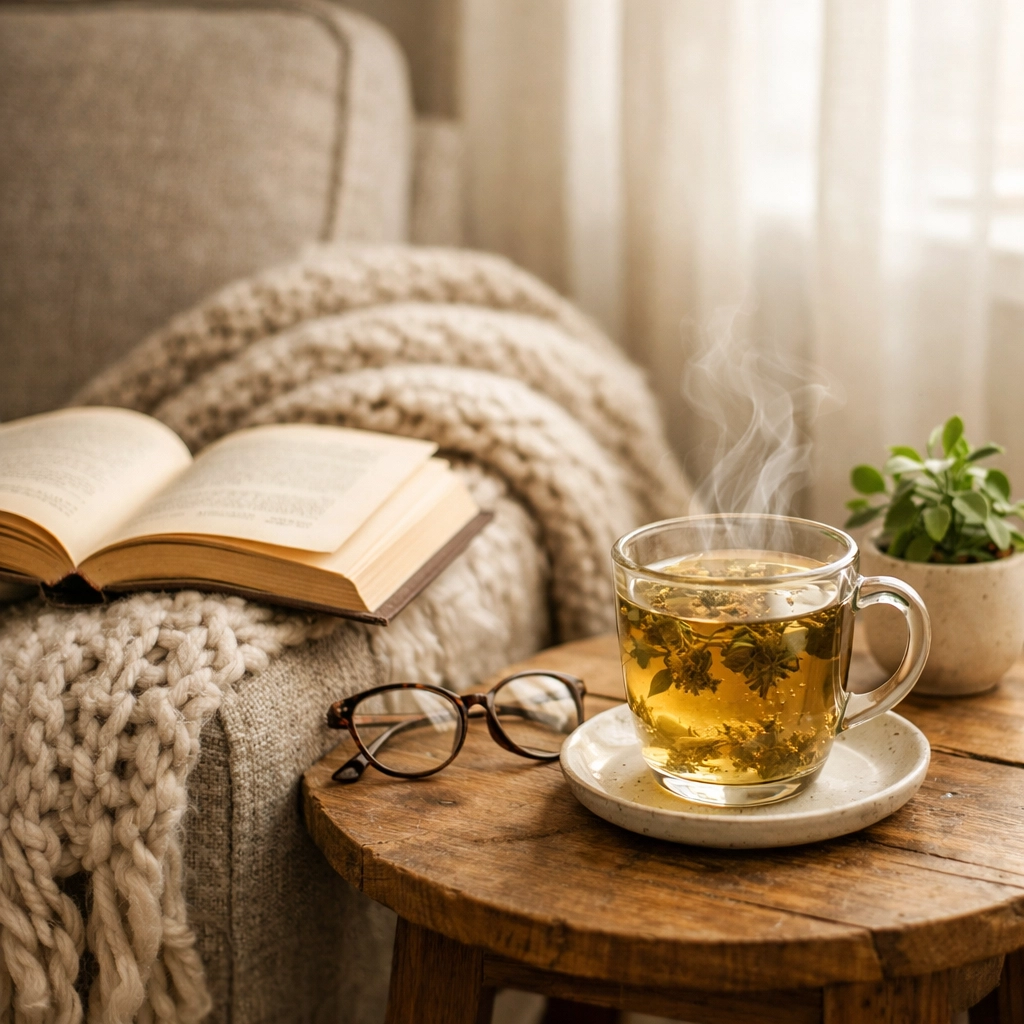 Cozy reading nook with steaming herbal tea, open book, and knit blanket on armchair