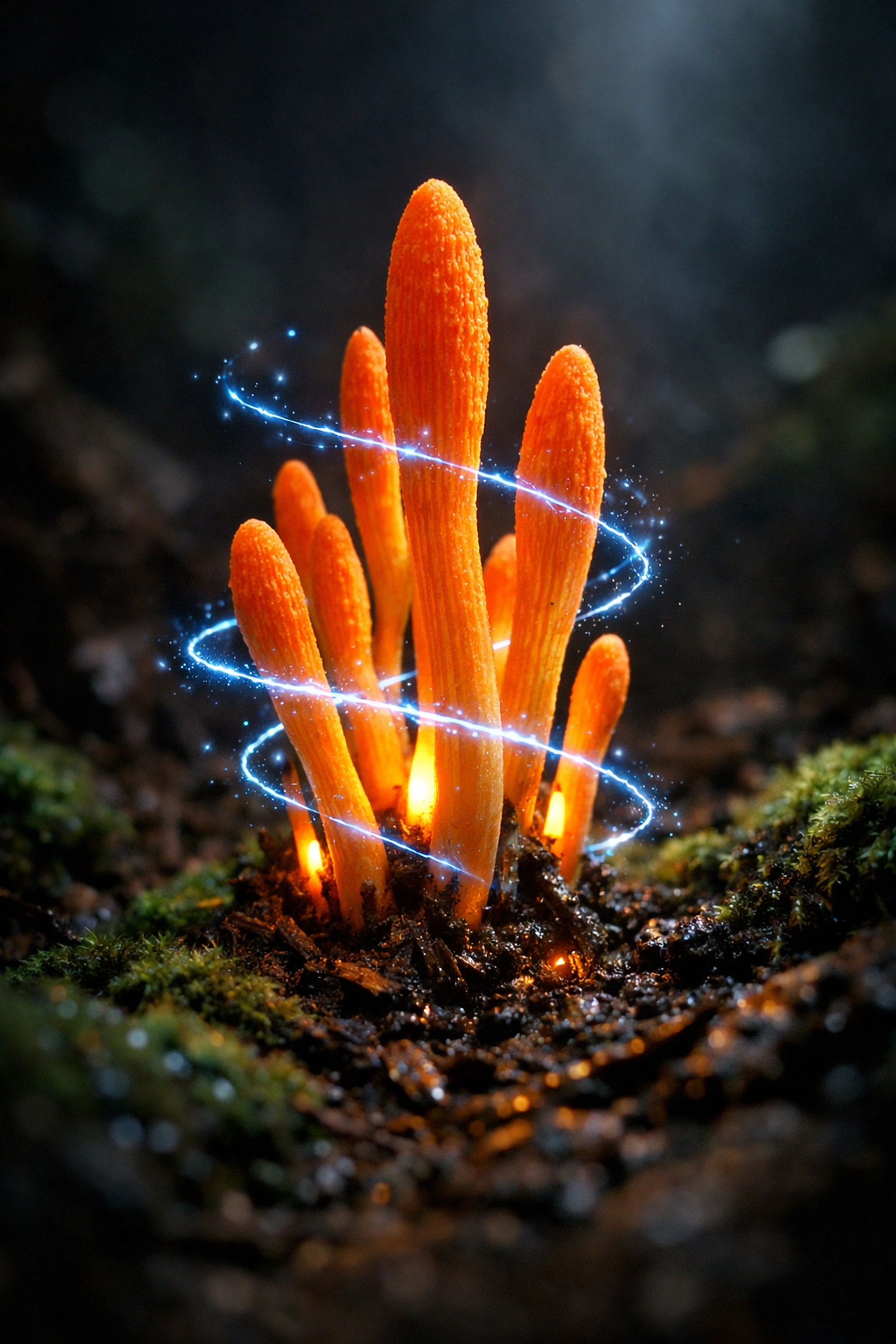 Vibrant Cordyceps mushrooms on a forest floor symbolizing increased cellular ATP and energy production.