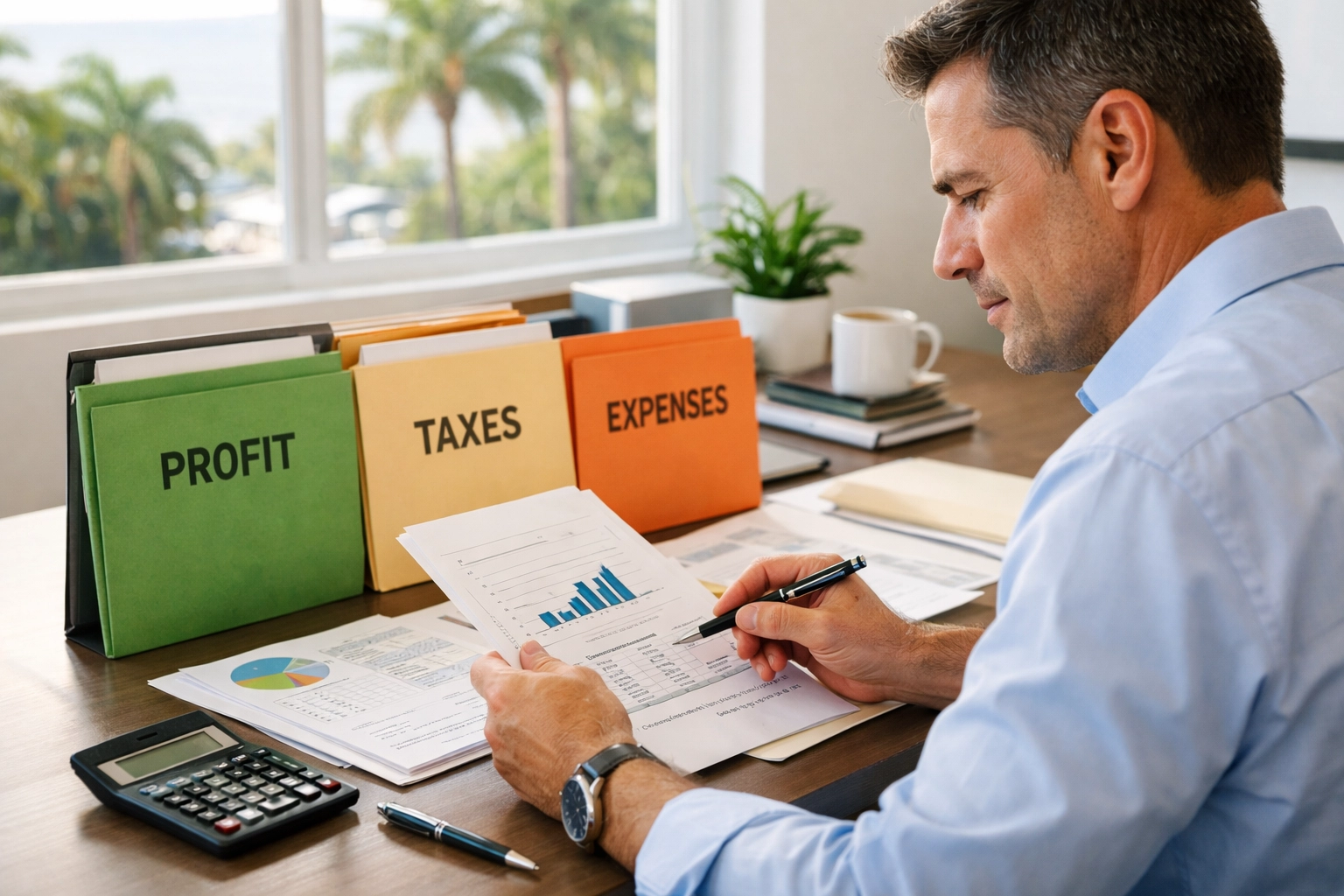 Business professional organizing financial documents with profit and expense allocations
