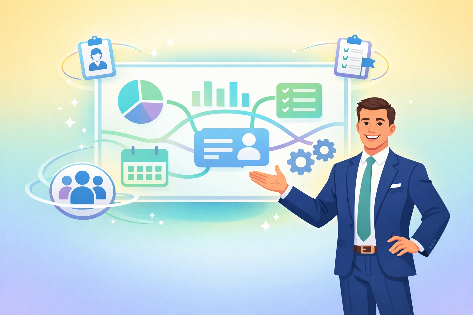 Professional using unified business platform dashboard with integrated HR, CRM, and project management