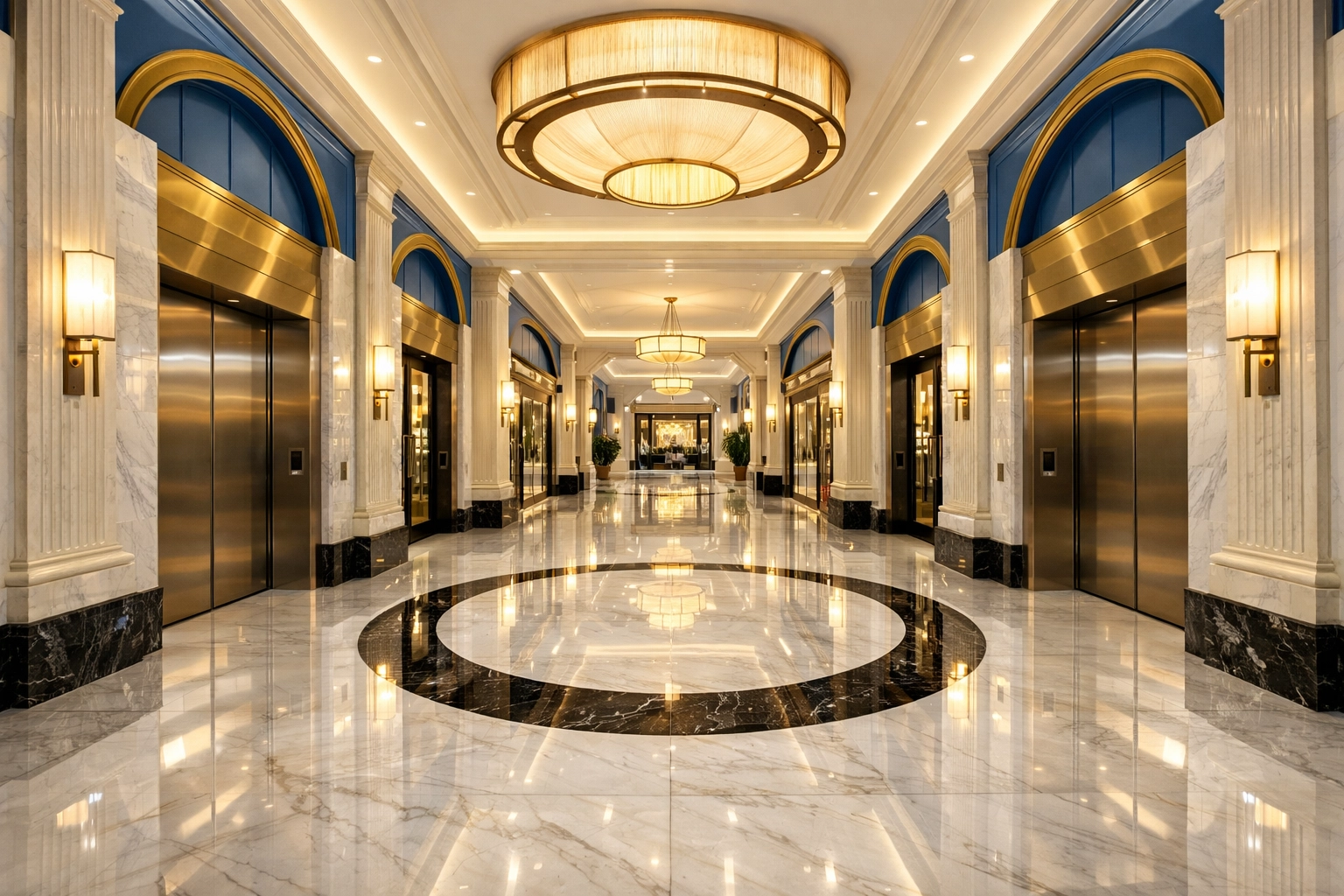 Luxury hallway after professional post-construction cleaning in a new Marlborough commercial building.
