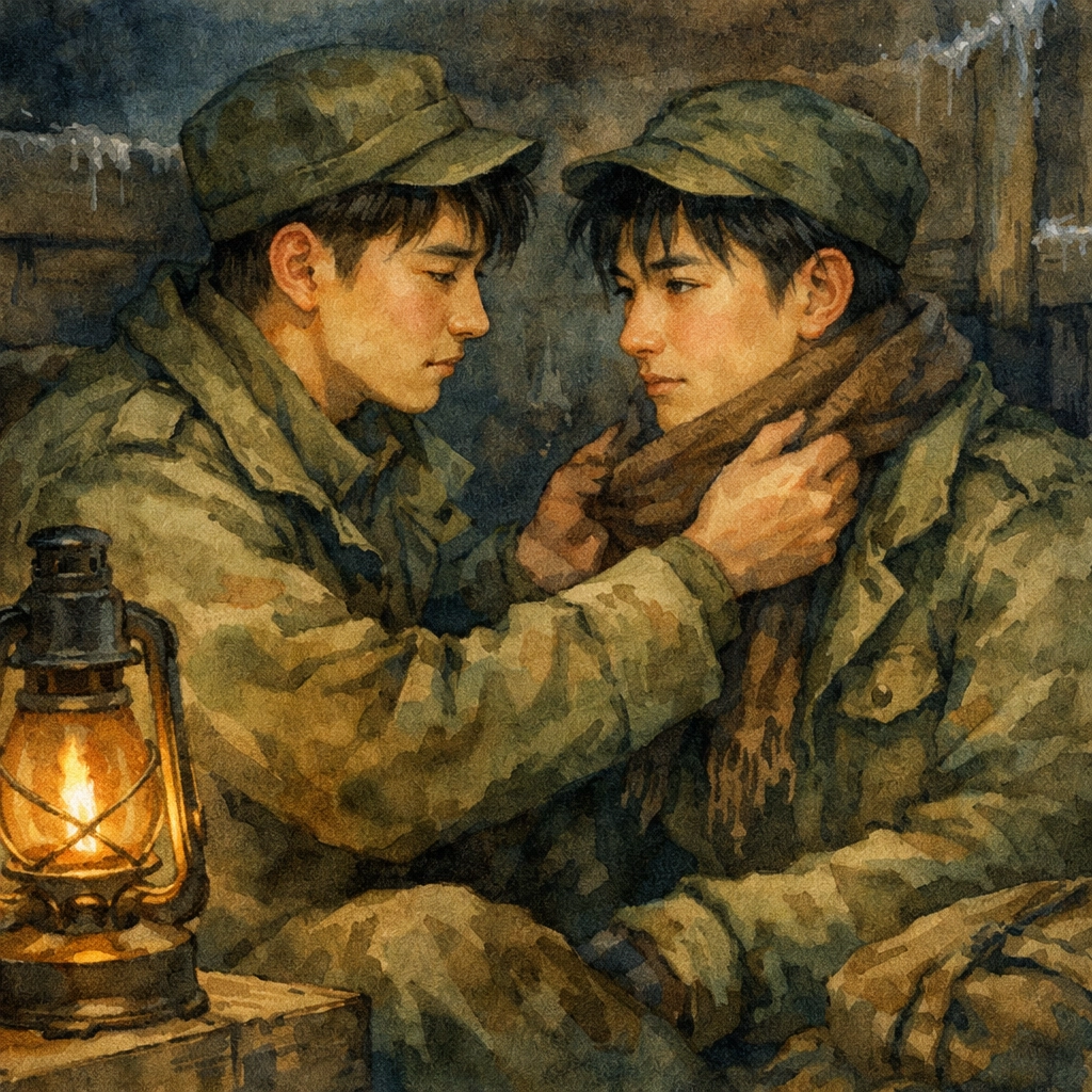 Two male soldiers share tender moment in supply shed depicting forbidden MM romance