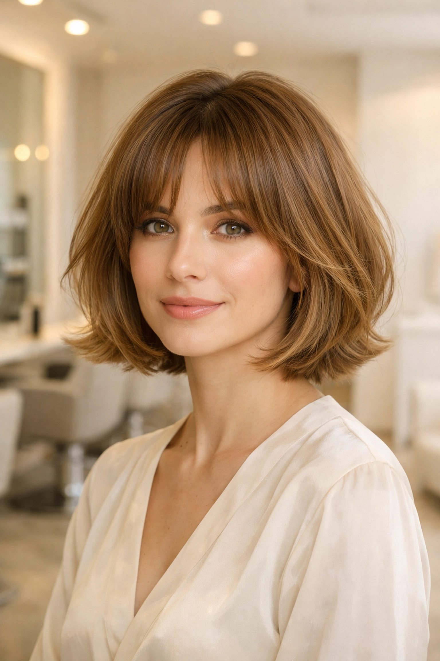 A soft bob with curtain bangs styled at The Color Lounge Salon in Concord, NH.