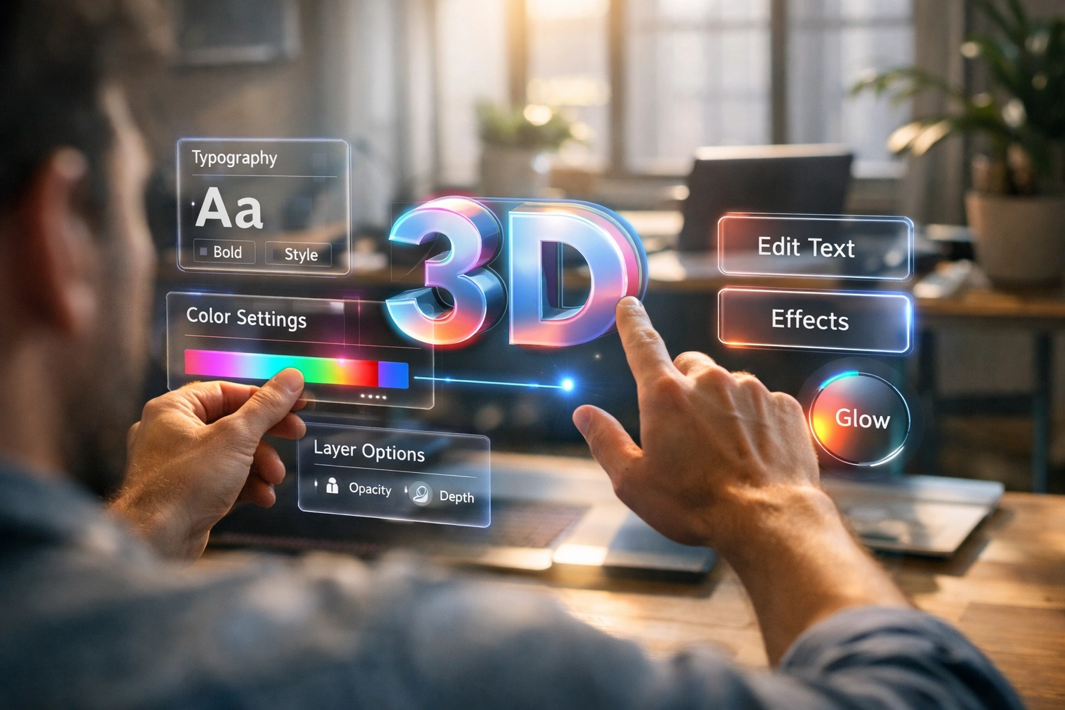 A designer interacting with a holographic interface highlighting modern spatial UI design and immersive trends.