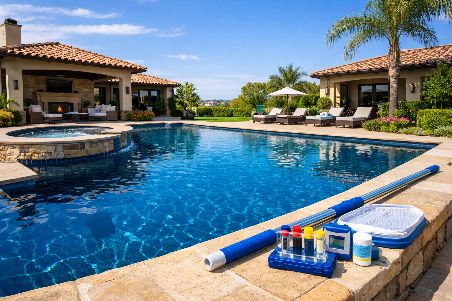 Weekly pool service maintenance tools next to a crystal clear luxury backyard swimming pool.