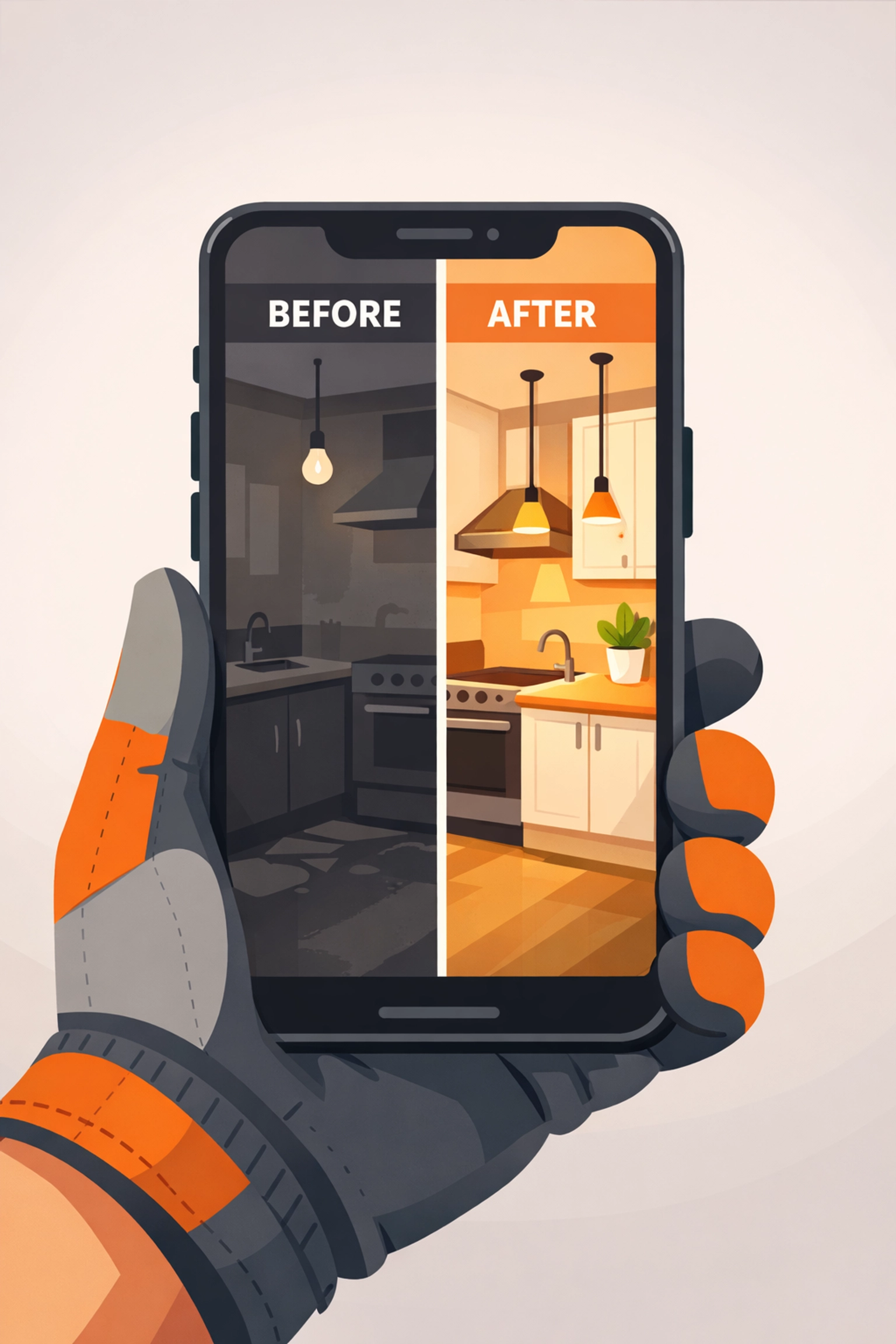 Contractor holding phone showing before and after renovation photos on mobile timeline app